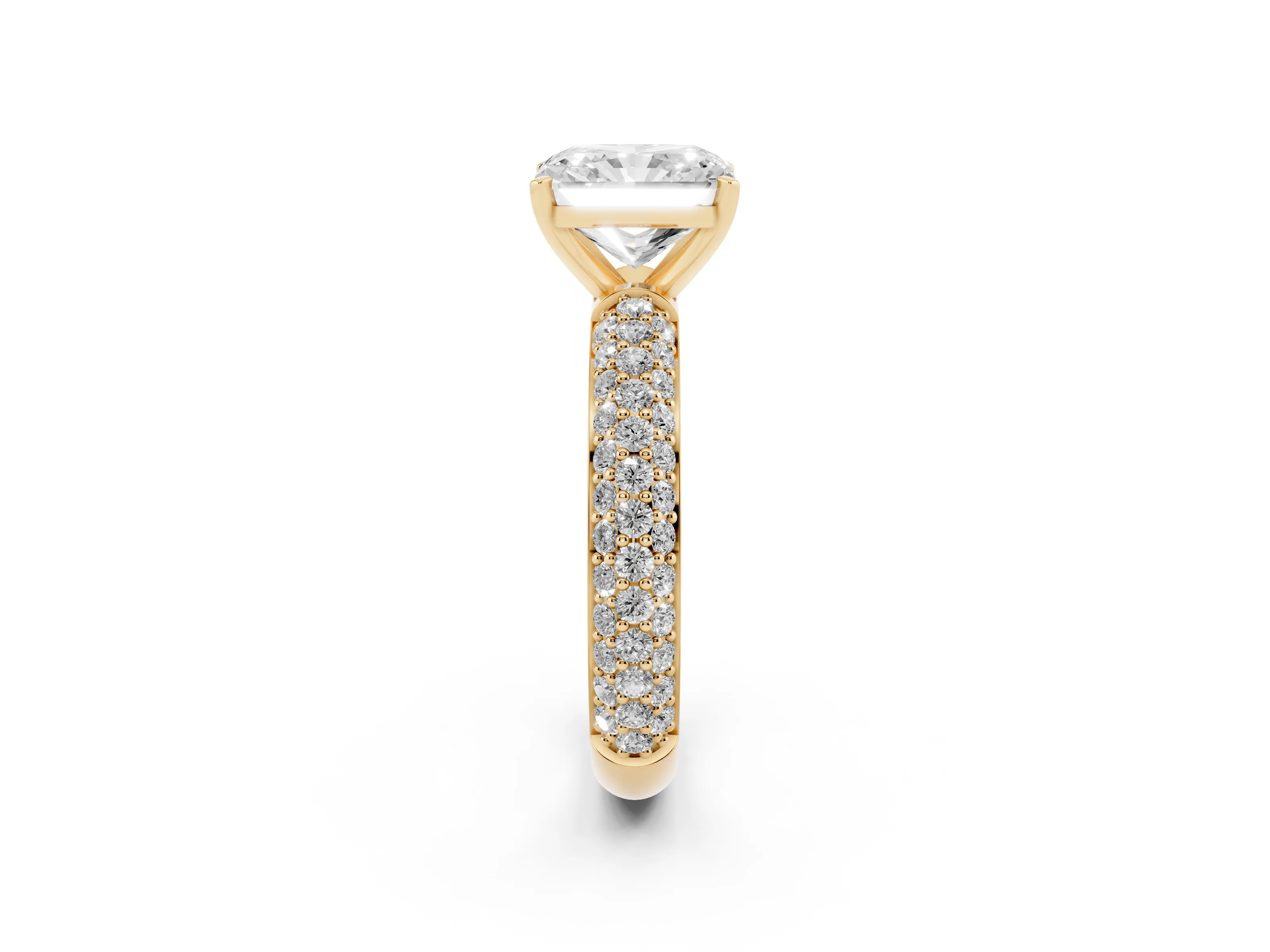 Radiant Cut Diamond Solitaire Ring Set in Yellow gold with Prong Setting and Pavé-Set Band