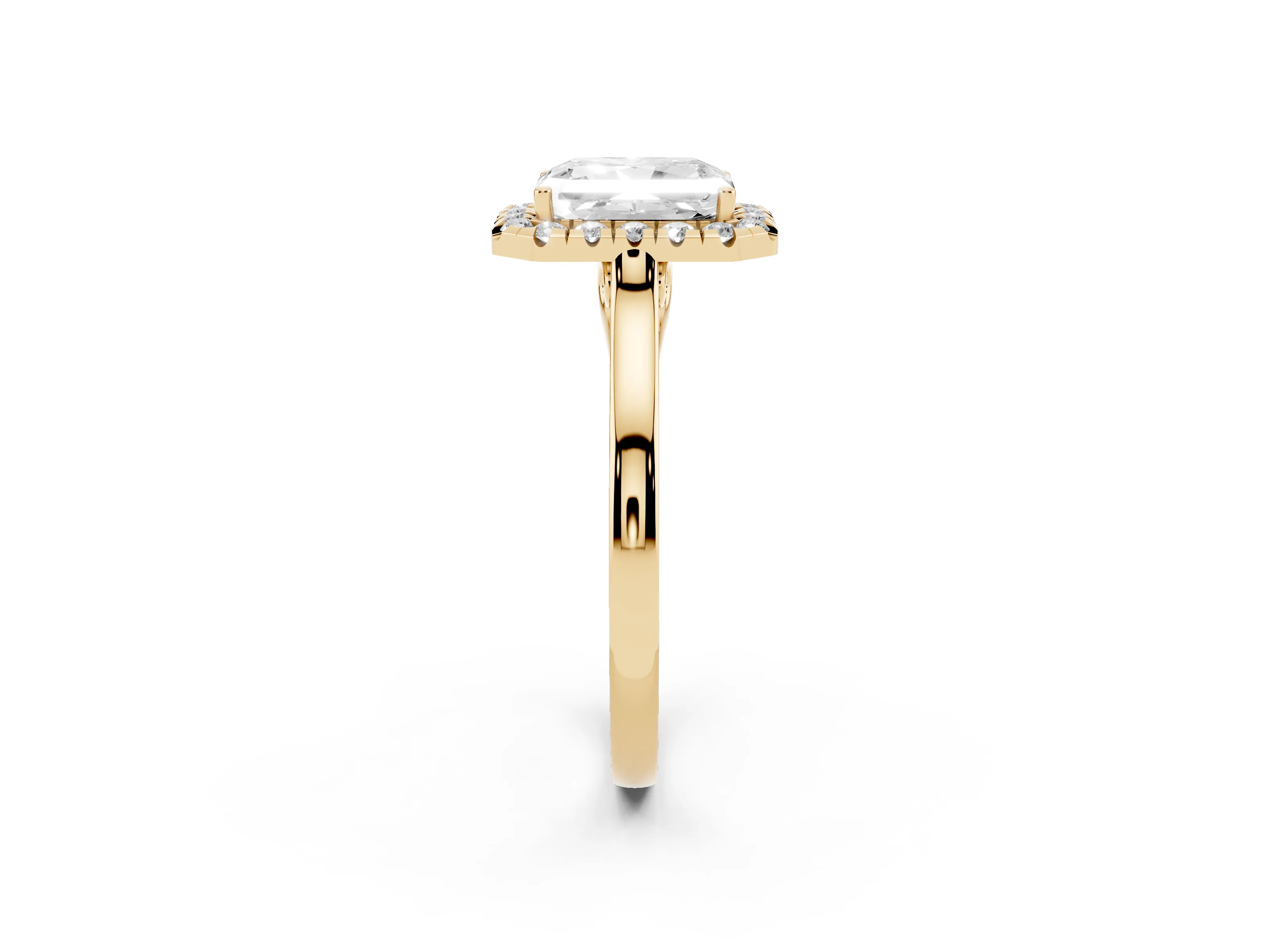 Radiant Cut Halo Round Diamond Solitaire Ring Set in Yellow gold with Pavé Band and Prong Setting