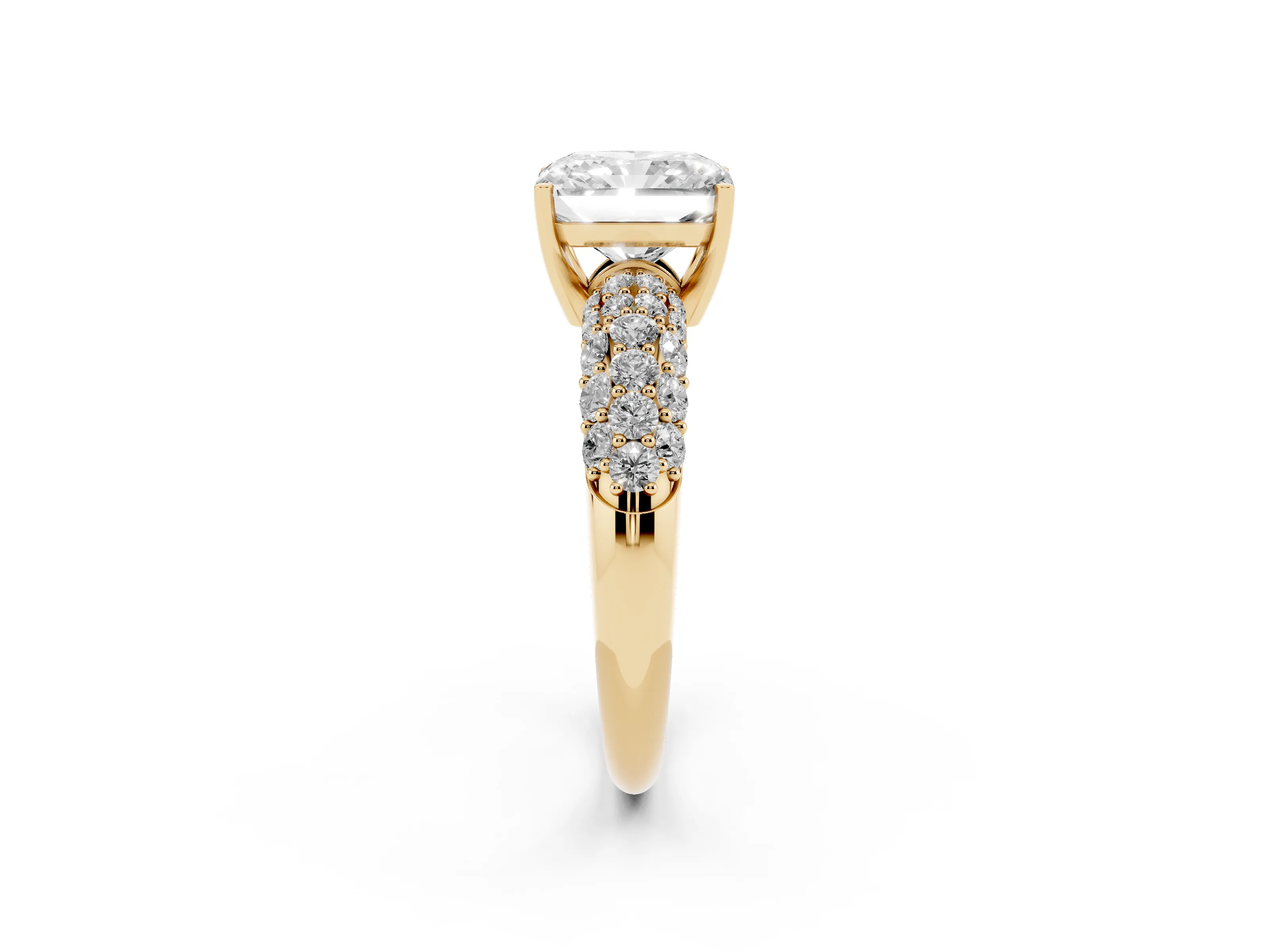 Radiant Cut Diamond Pavé Band Solitaire Ring Set in Yellow gold with Close-Set Accent Stones and Prong Setting