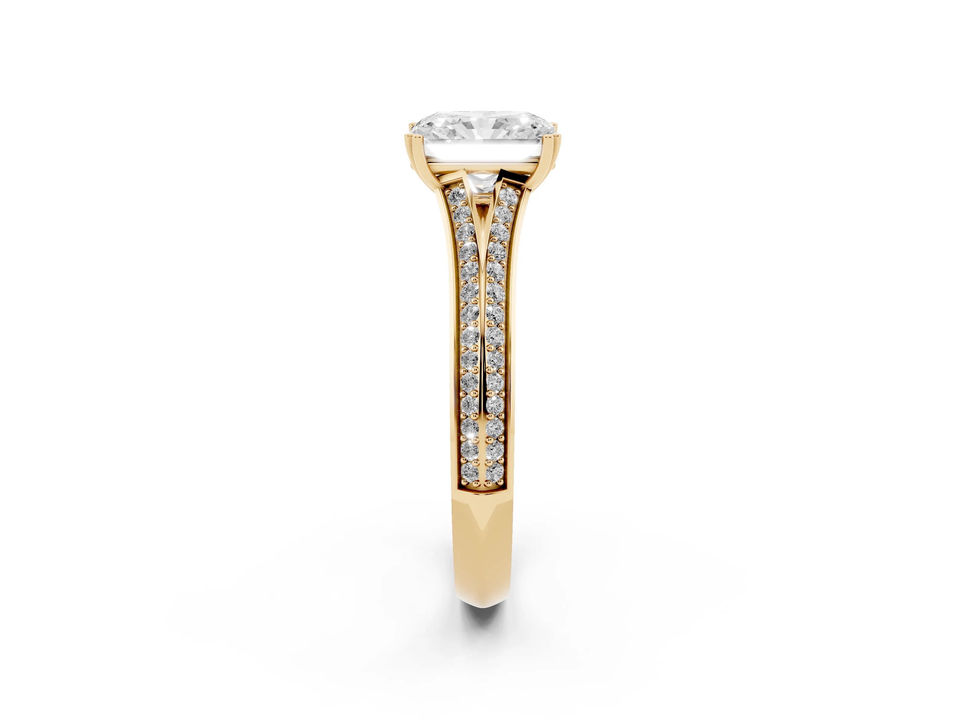 Radiant Cut Diamond Split Shank Pavé Engagement Ring Set in Yellow gold with Prong-Set Center Stone