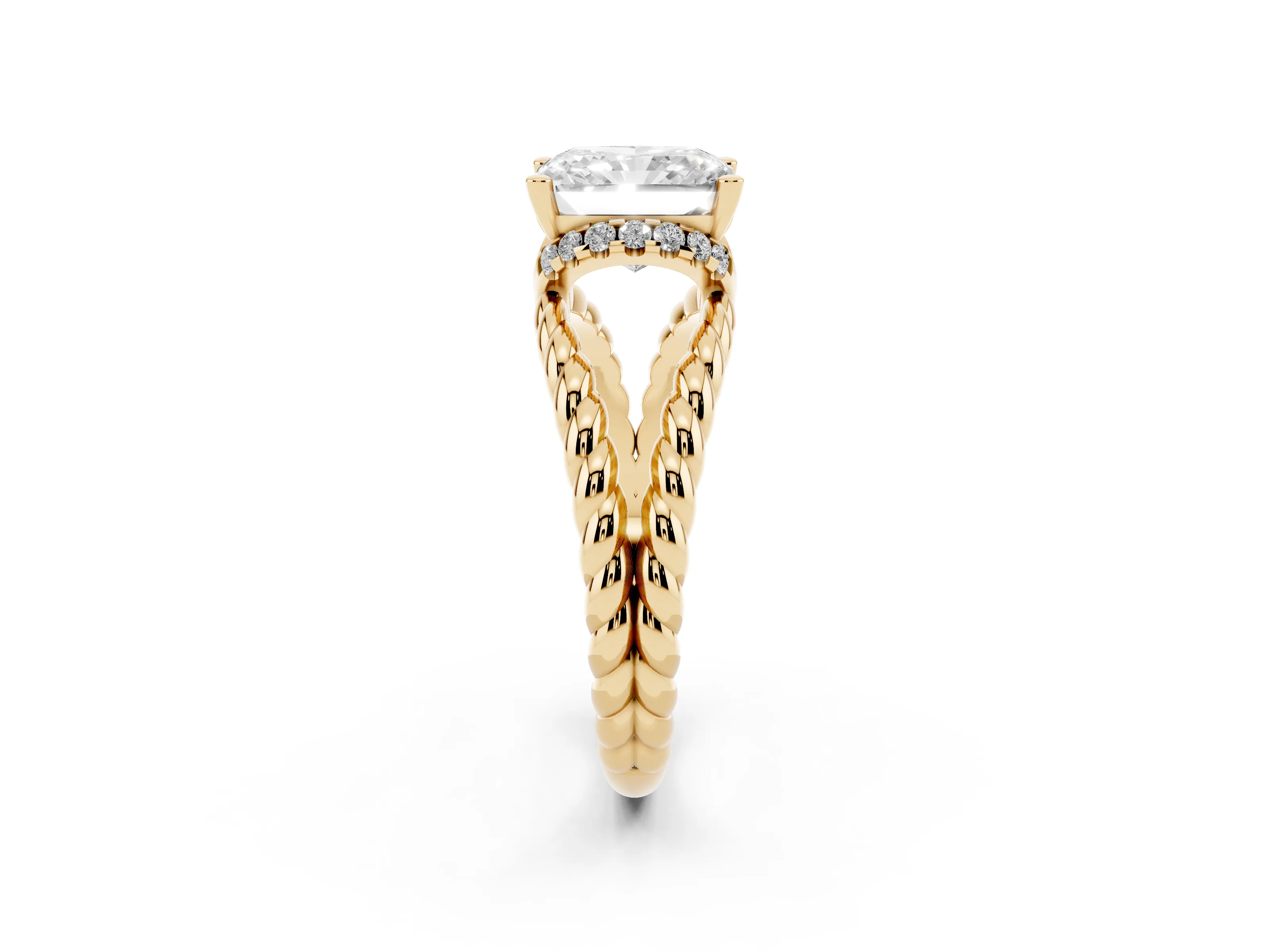 Radiant Cut Diamond Halo Ring Set in Yellow gold with Twisted Band and Prong Setting