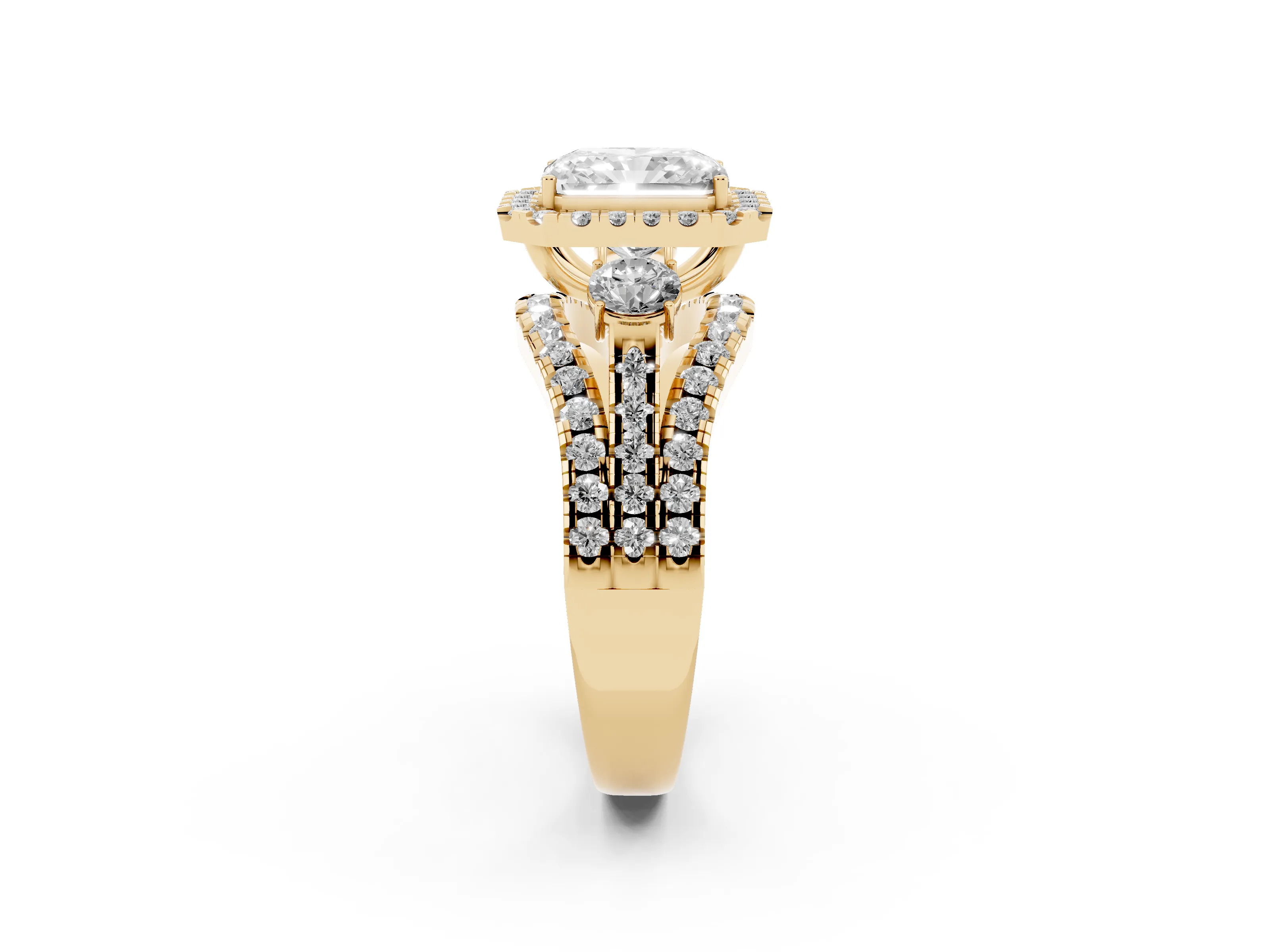 Radiant Cut Diamond Halo Split Shank Ring Set in Yellow gold with Round Accent Stones and Prong Setting