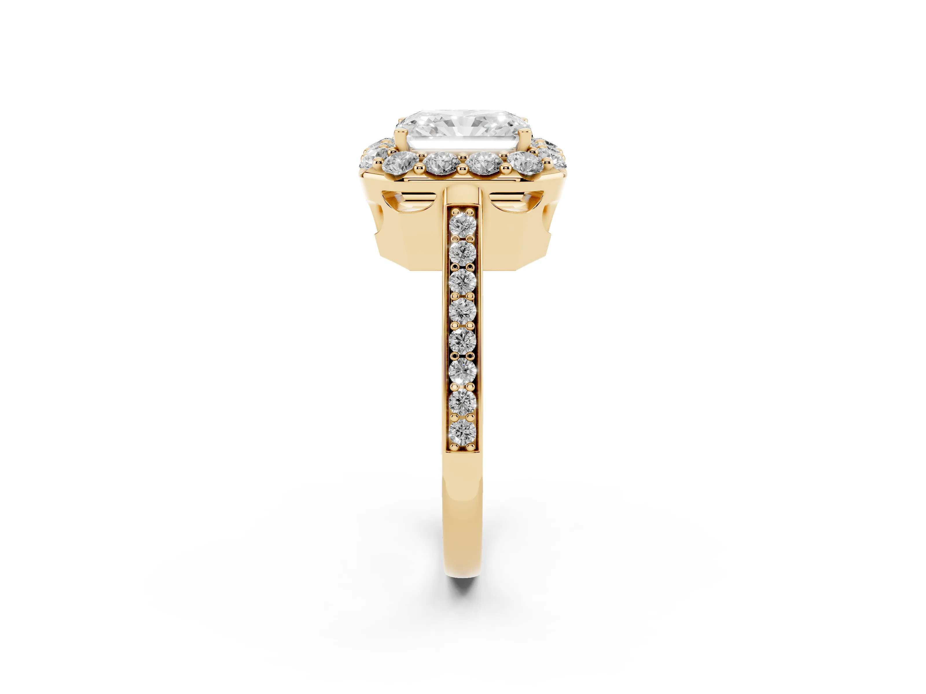 Radiant Cut Diamond Floral Halo Ring Set in Yellow gold with Pavé Band and Prong Setting