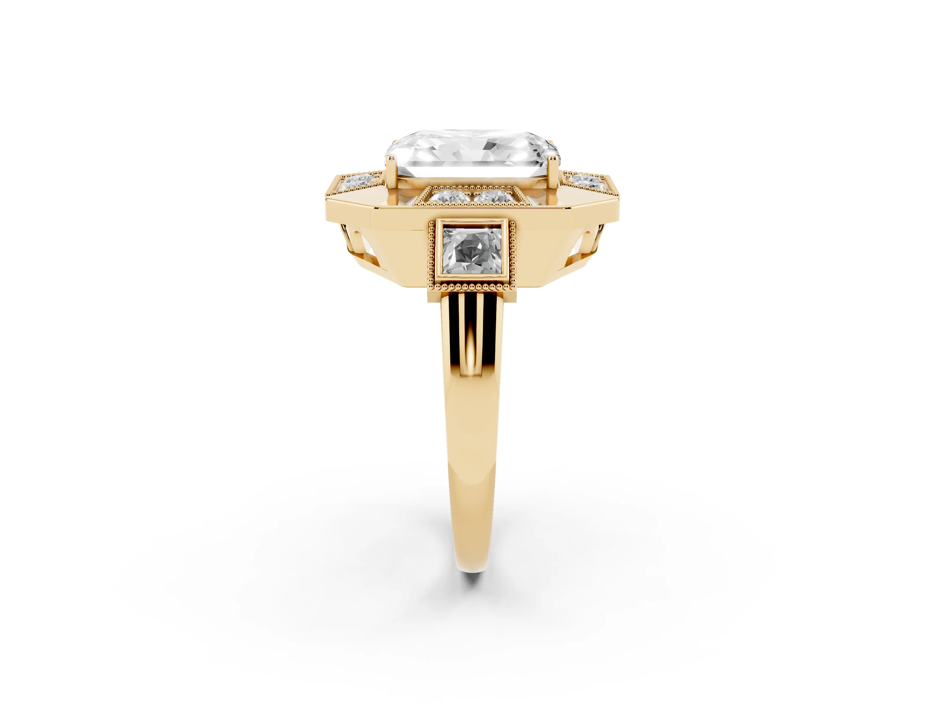 Radiant Cut Diamond Milgrain Halo Ring Set in Yellow gold with Split Shank