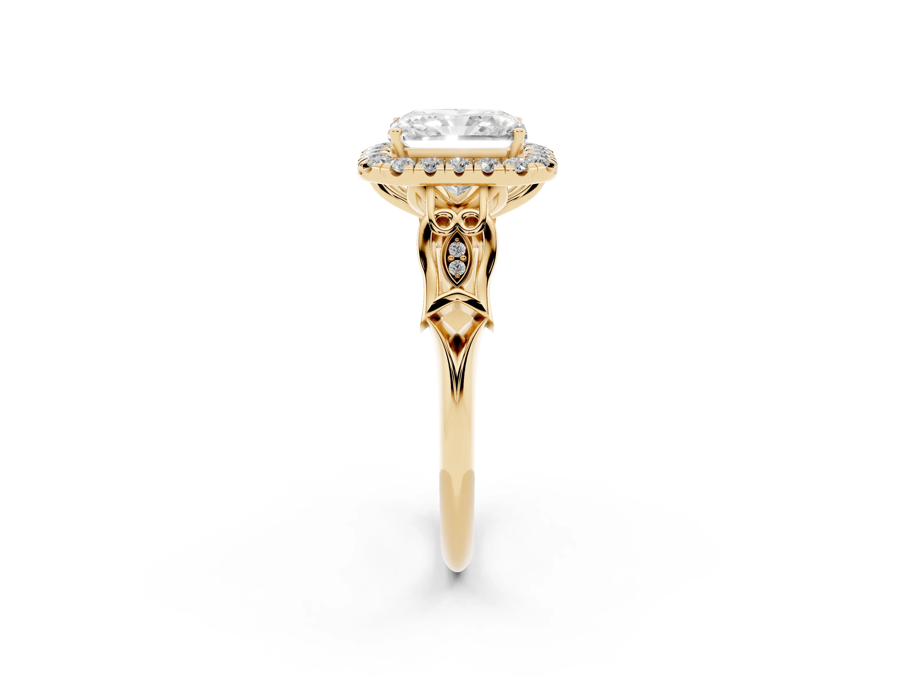 Radiant Cut Diamond Halo Engagement Ring Set in Yellow gold with Filigree Band and Prong-Set Center