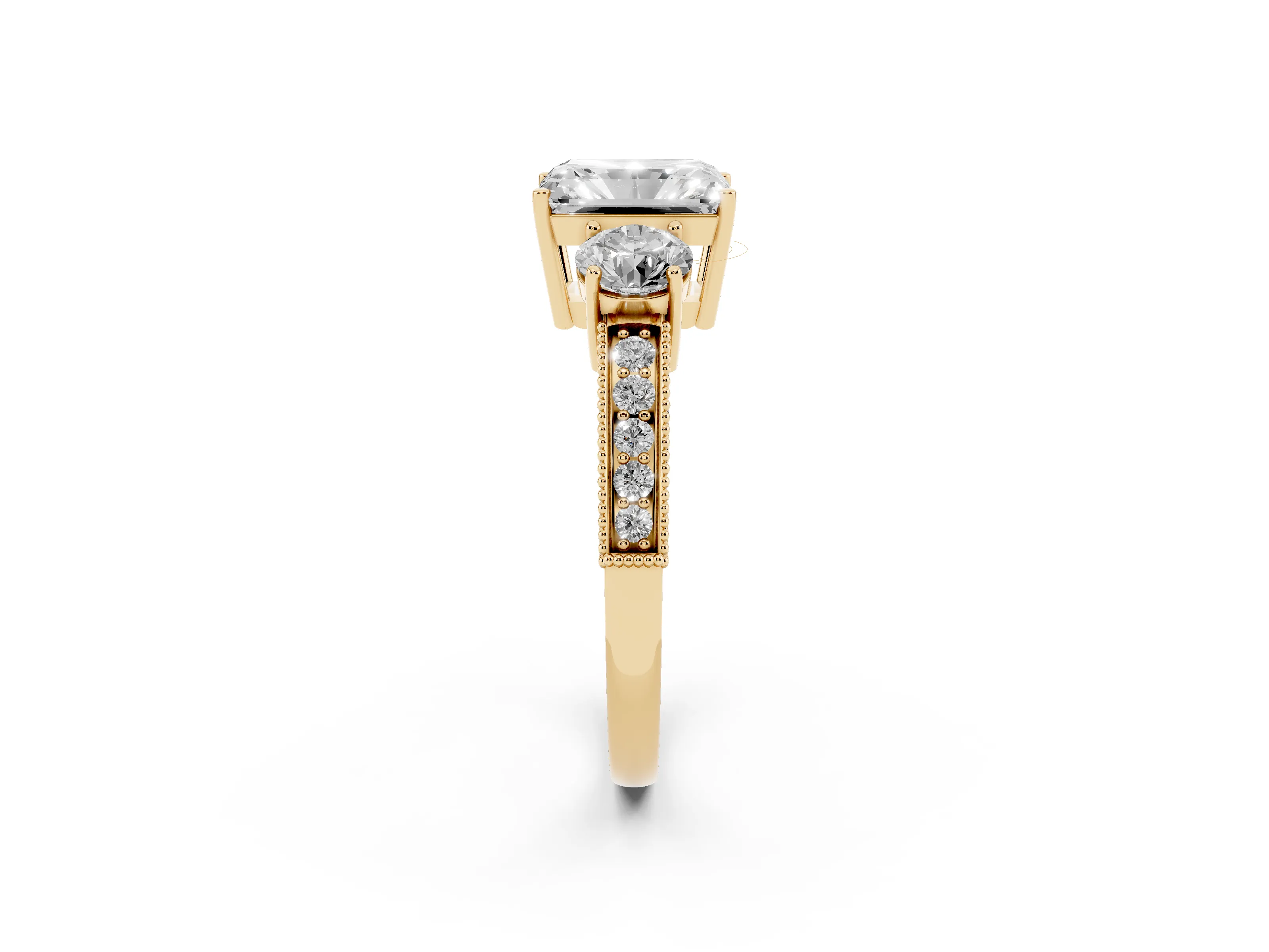 Radiant Cut Diamond Three-Stone Ring Set in Yellow gold with Round Side Stones and Pavé Band