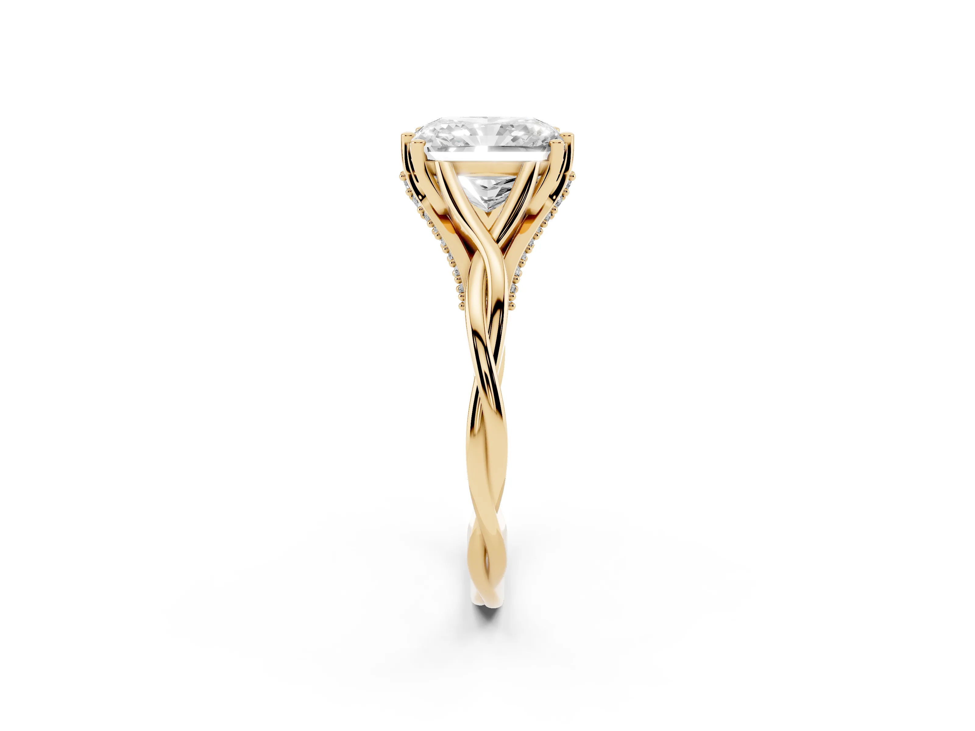 Radiant Cut Diamond Intertwined Twist Band Solitaire Ring Set in Yellow gold with Prong Setting