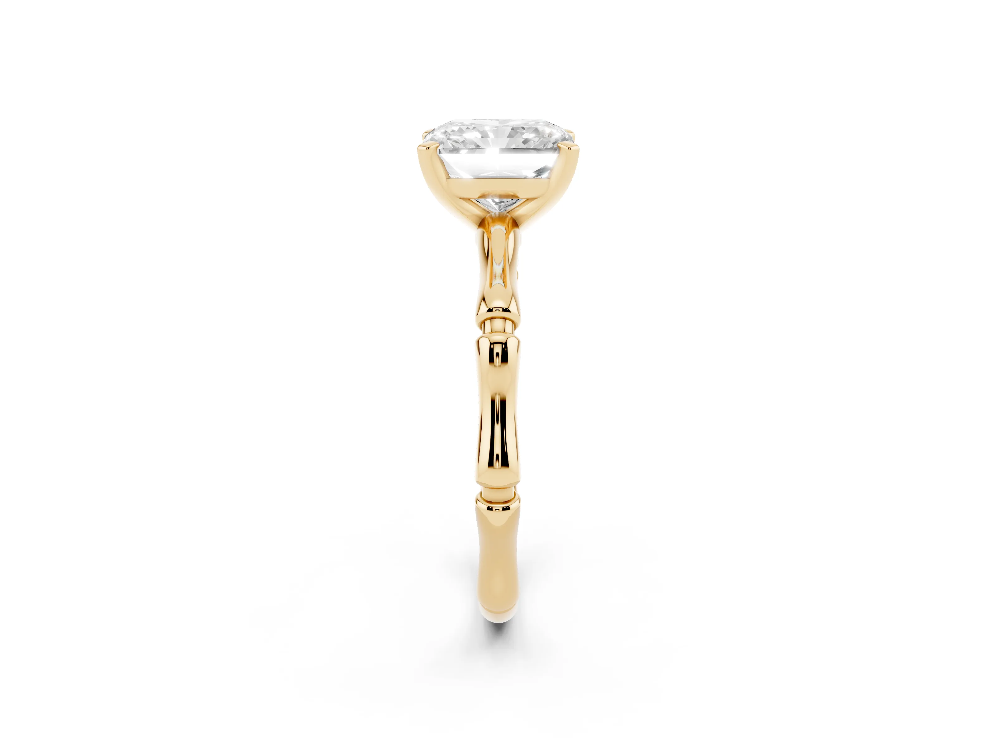 Radiant Cut Diamond Solitaire Ring Set in Yellow gold with Bamboo Band and Prong Setting