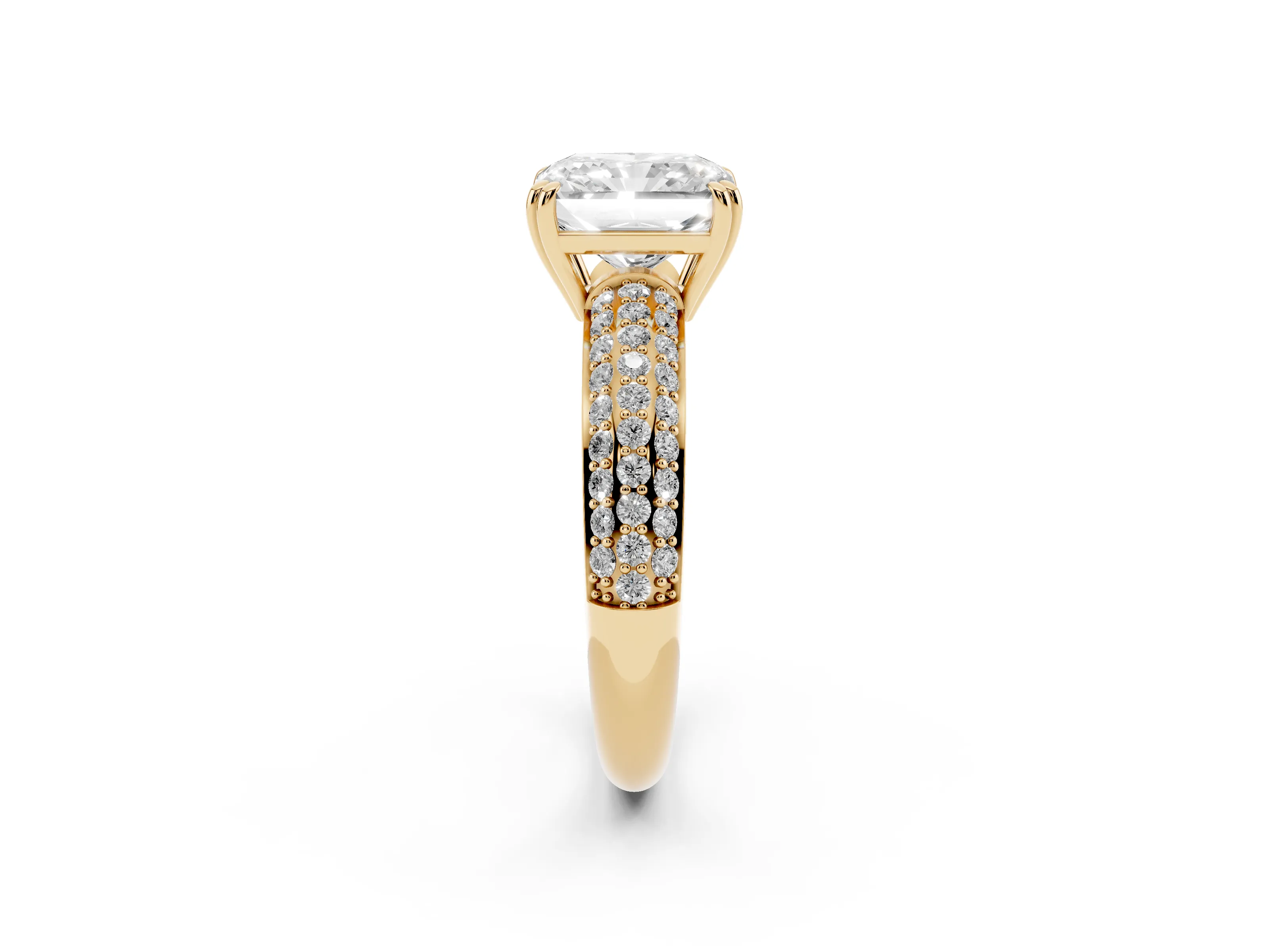 Radiant Cut Diamond Solitaire Ring Set in Yellow gold with Multi-Row Round Pavé Band and Prong Setting
