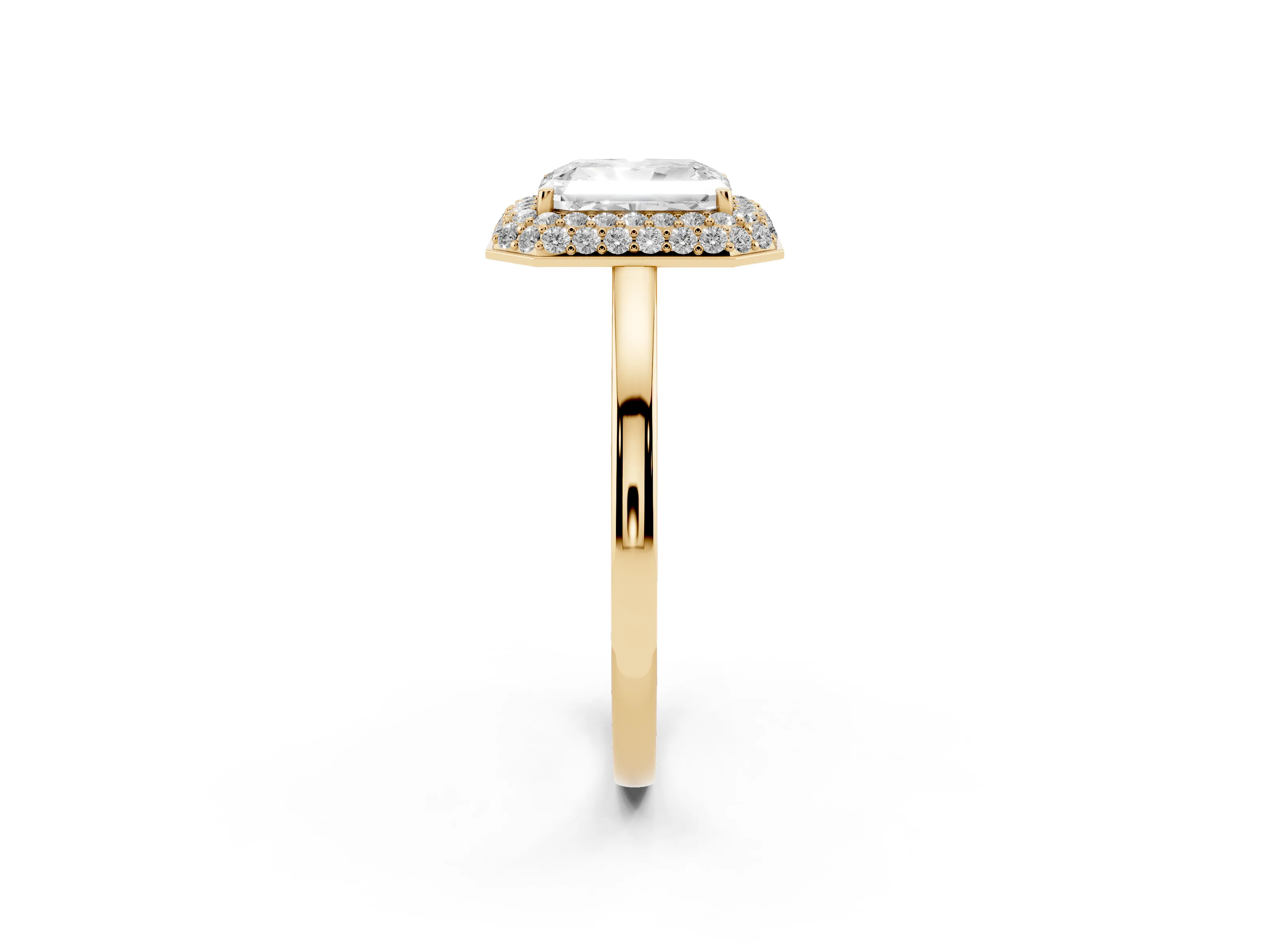 Radiant Cut Diamond Halo Engagement Ring Set in Yellow gold with Solitaire Band and Prong Setting