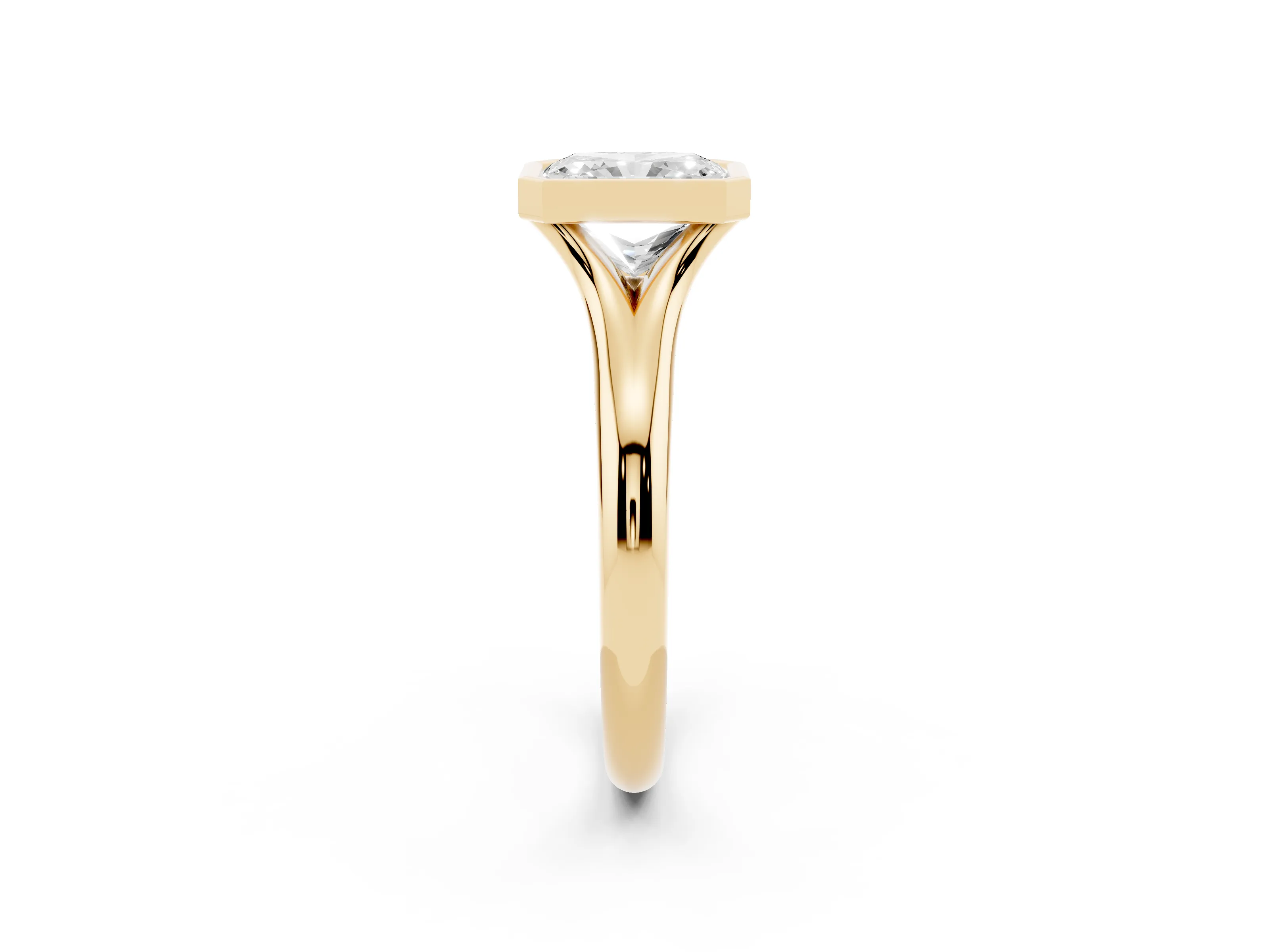 Bezel Set Radiant Cut Diamond Solitaire Ring Set in Yellow gold with Smooth Band