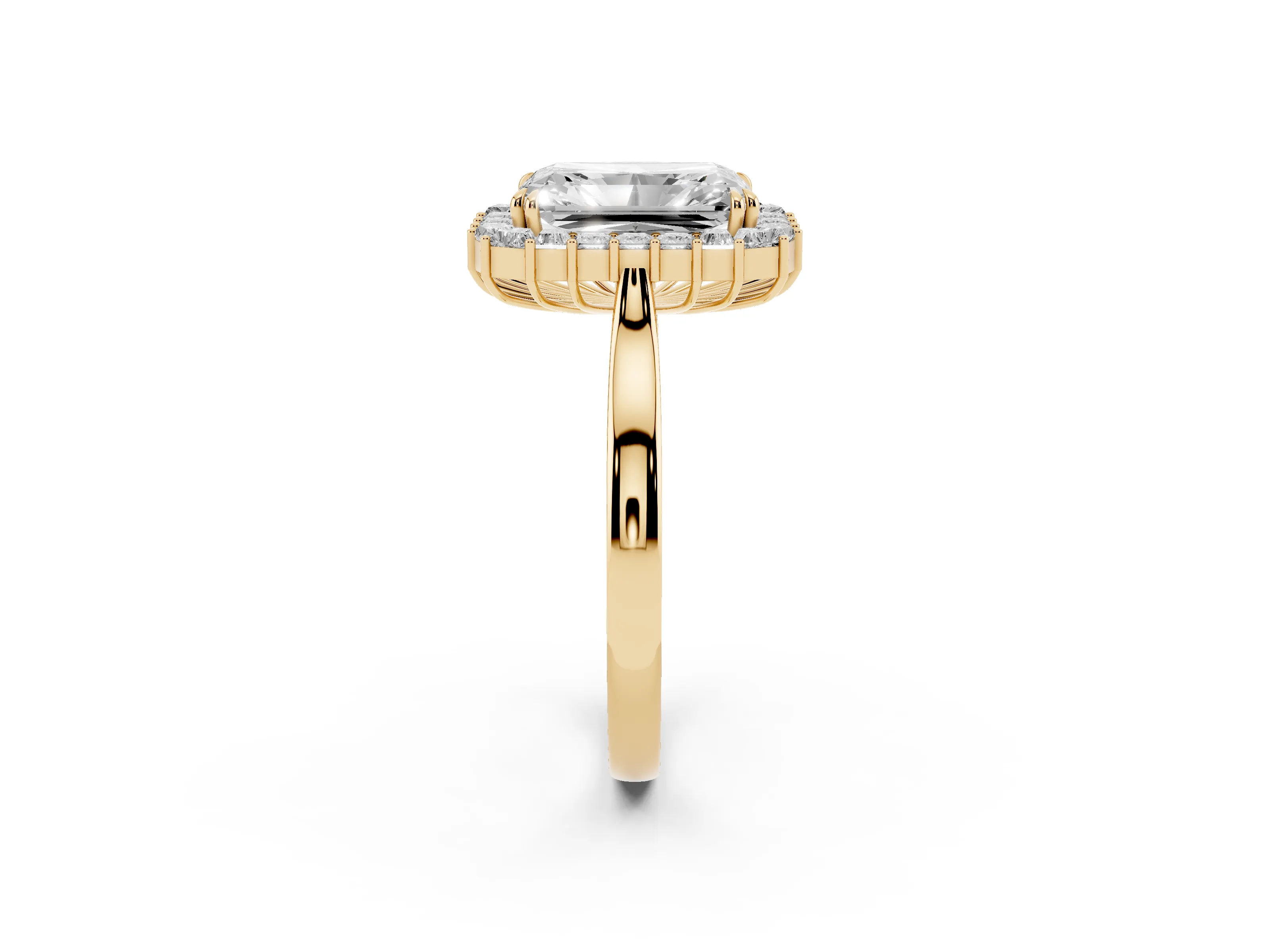 Radiant Diamond Baguette Halo Ring Set in Yellow gold with Round Accents and Slim Band