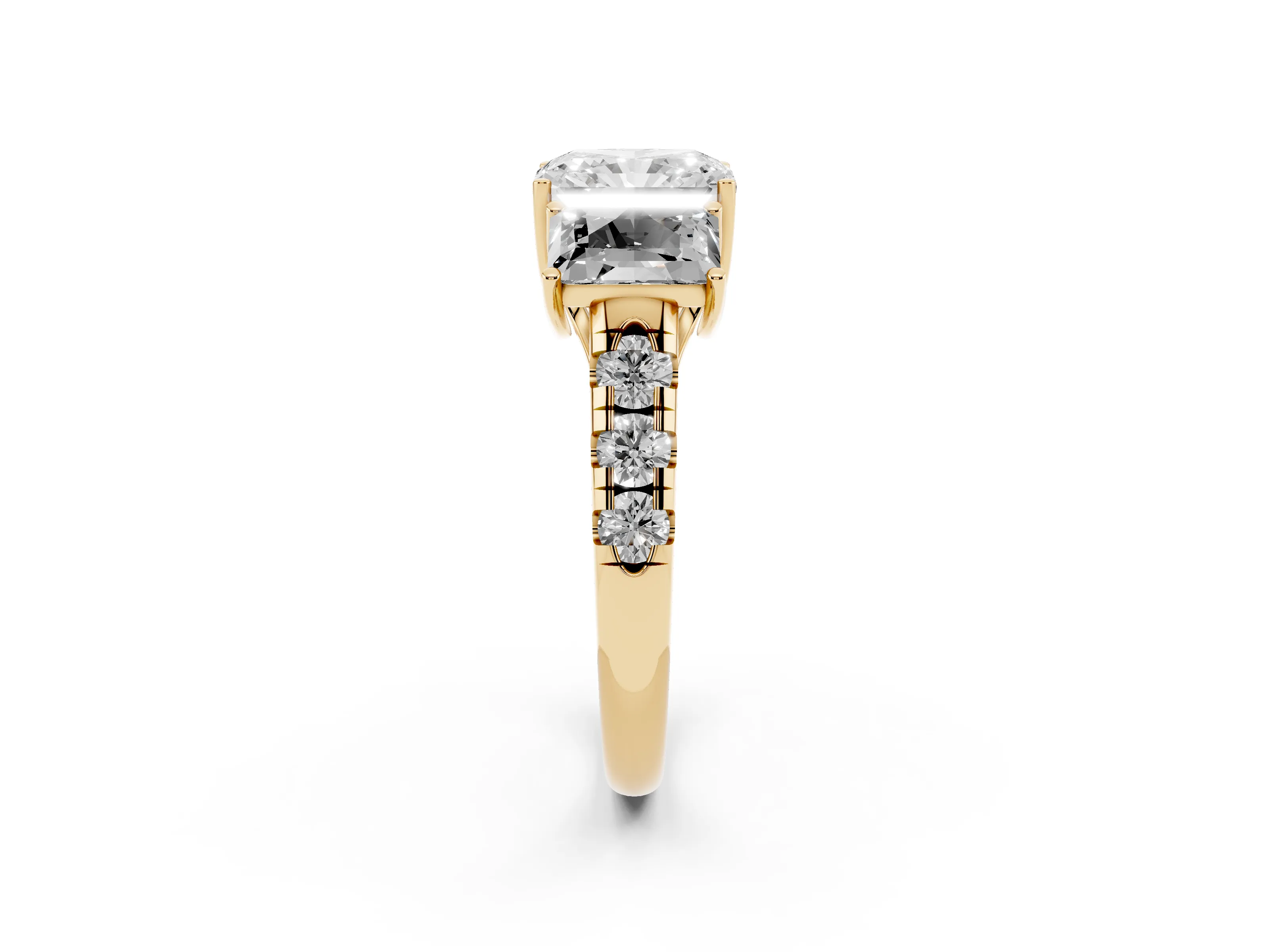 Radiant Cut Diamond Three-Stone Ring Set in Yellow gold with Pavé Band