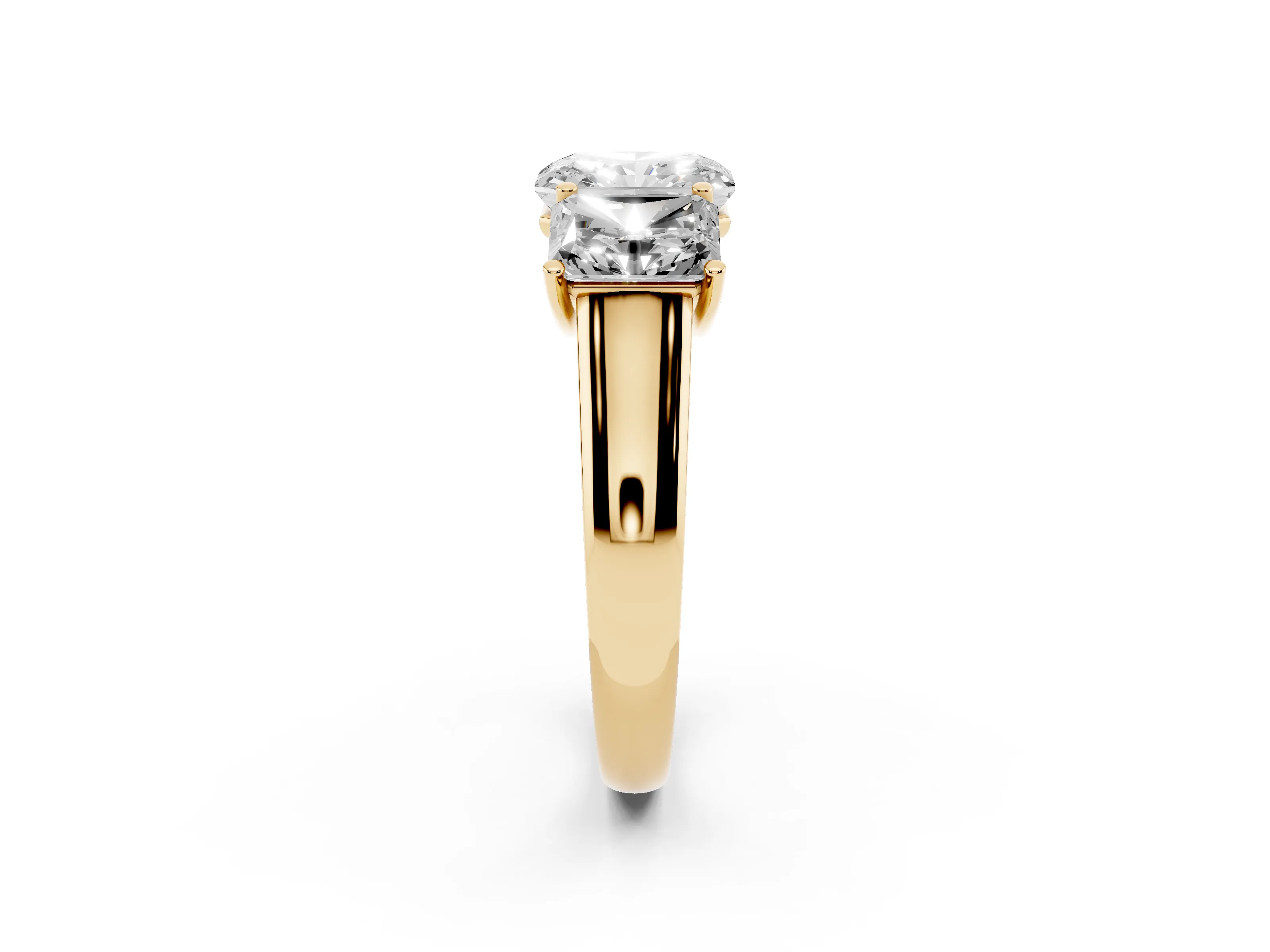 Radiant Cut Diamond Three-Stone Ring Set in Yellow gold with Plain Polished Band
