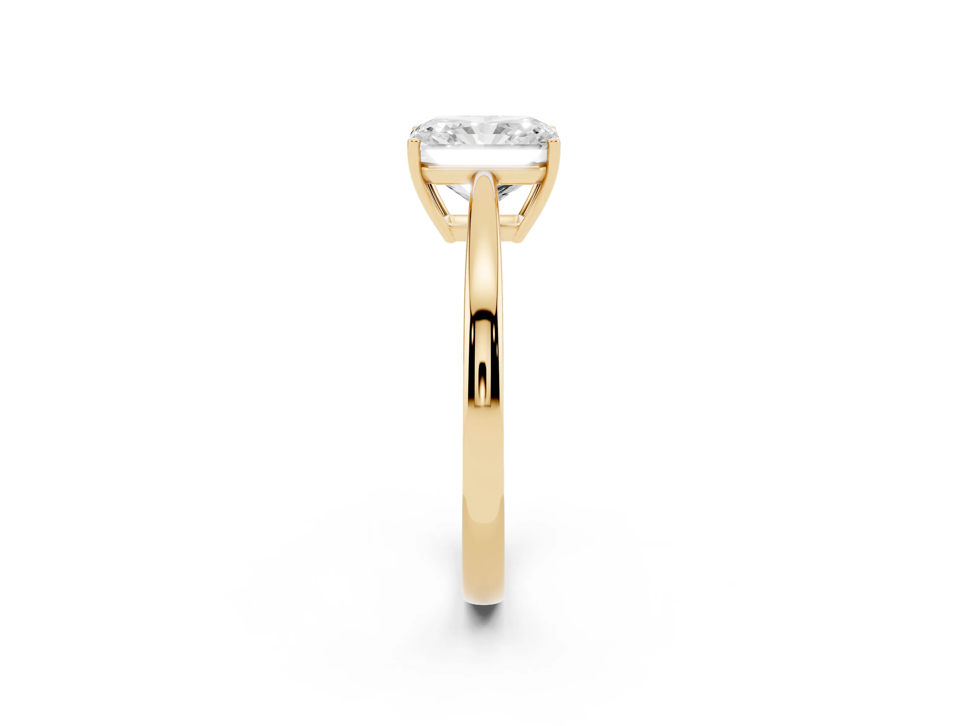 Radiant Cut Diamond Solitaire Ring Set in Yellow gold with Split Shank and Prong Setting