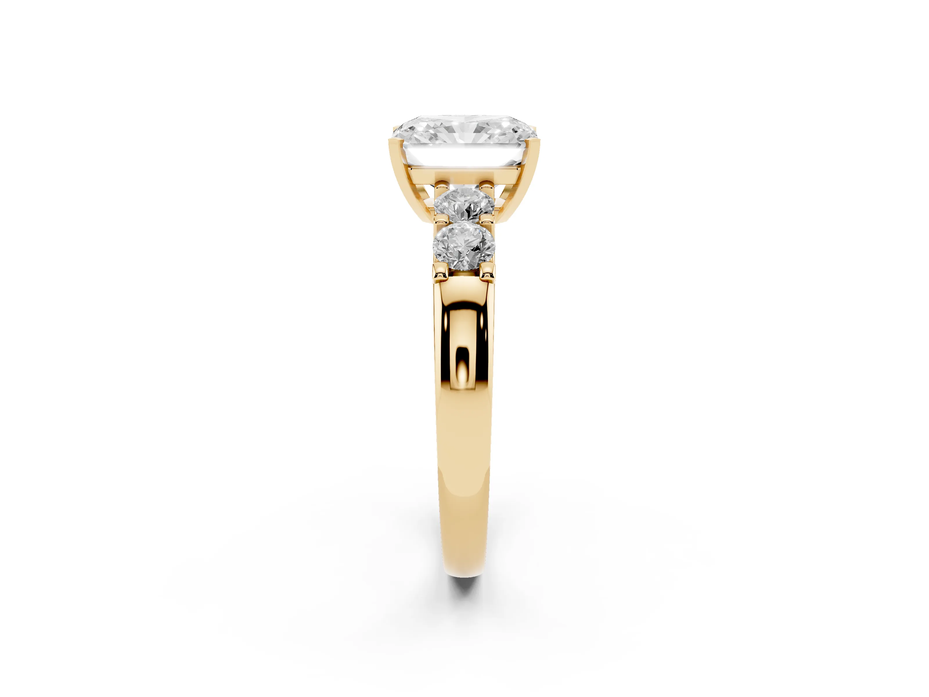 Radiant Cut Diamond Five-Stone Prong Set Engagement Ring Set in Yellow gold with Channel Band