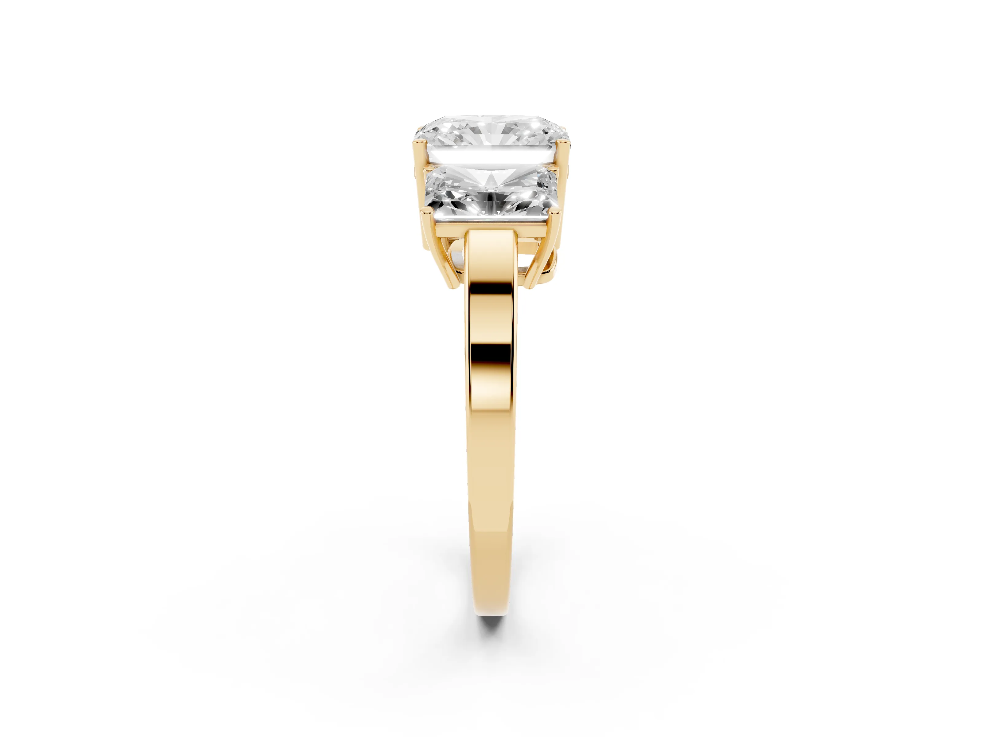 Radiant Cut Diamond Three-Stone Engagement Ring Set in Yellow gold with Flat Band