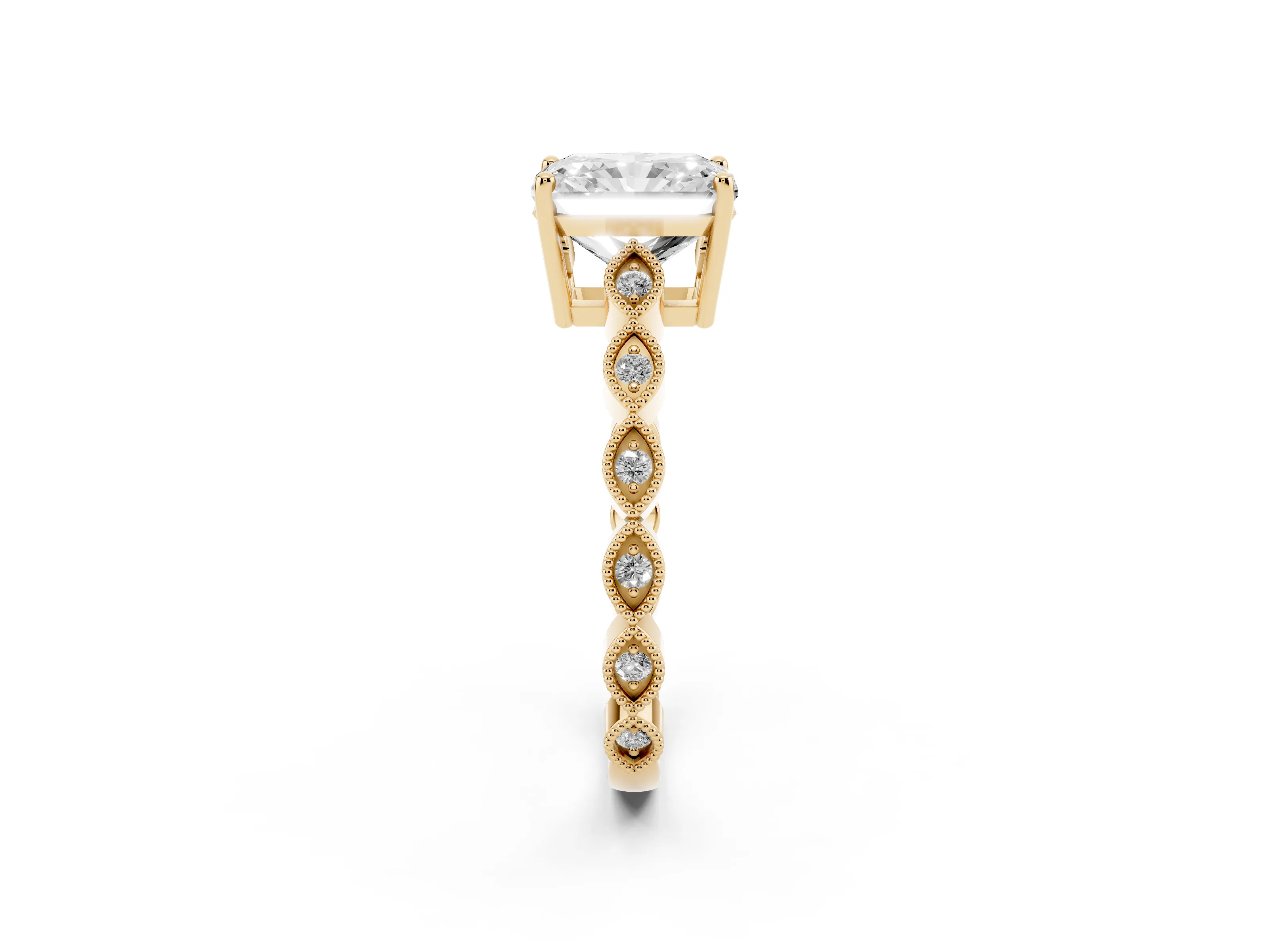 Radiant Cut Diamond Solitaire Ring Set in Yellow gold with Infinity Twist Pavé Band