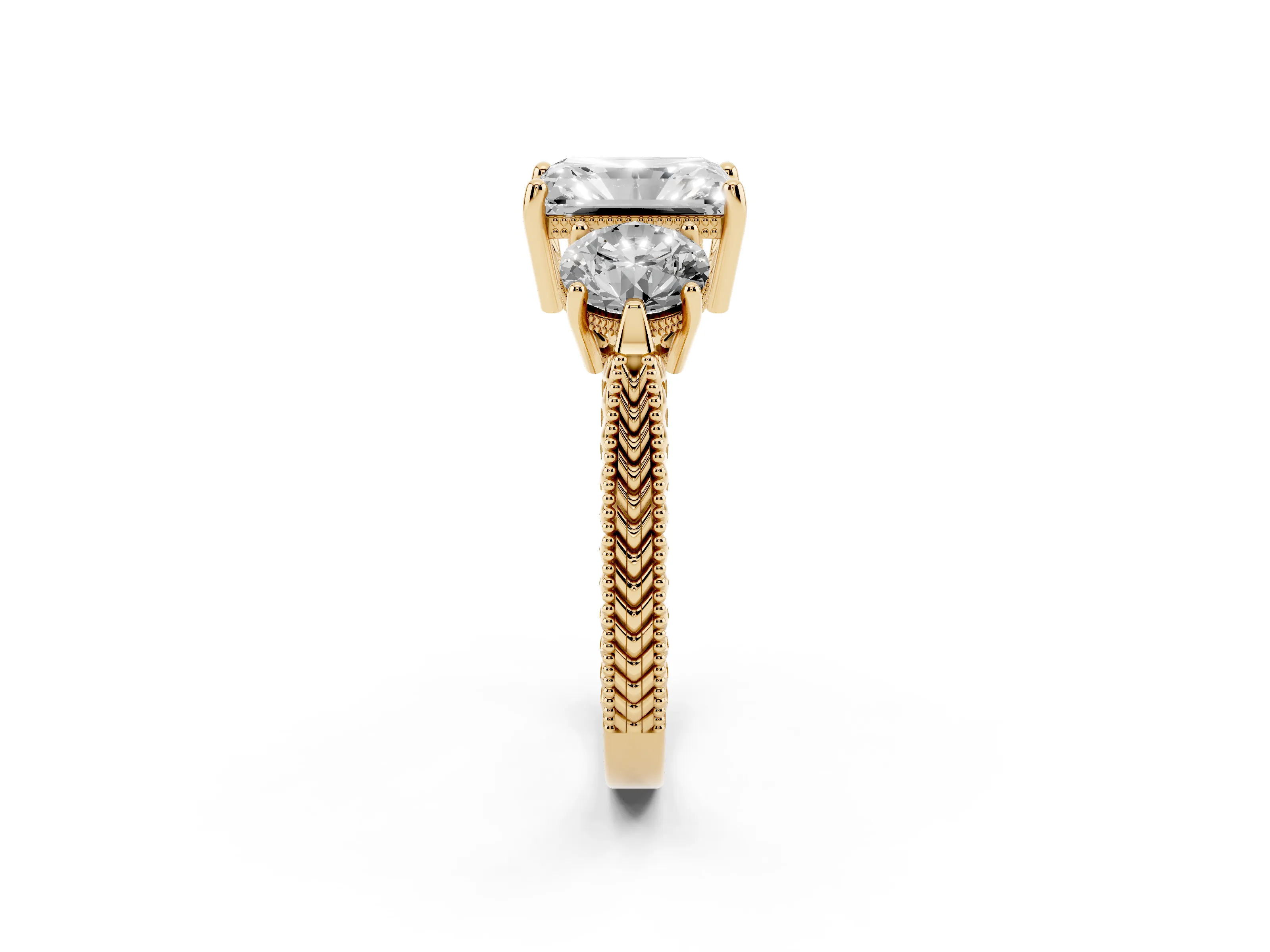 Radiant Cut Diamond Three-Stone Ring Set in Yellow gold with Milgrain Band