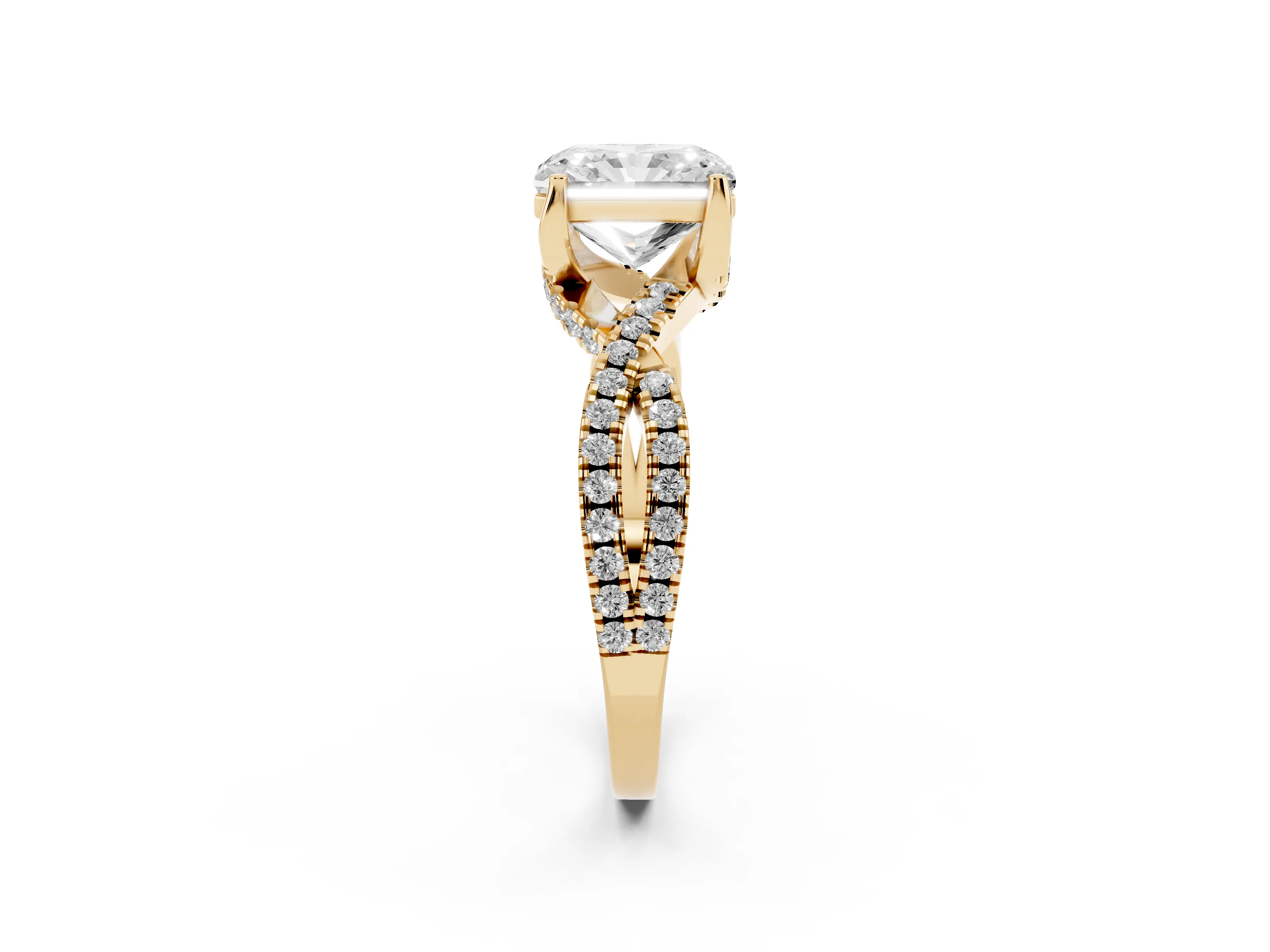 Radiant Cut Diamond Twist Pavé Solitaire Engagement Ring Set in Yellow gold with Prong Setting