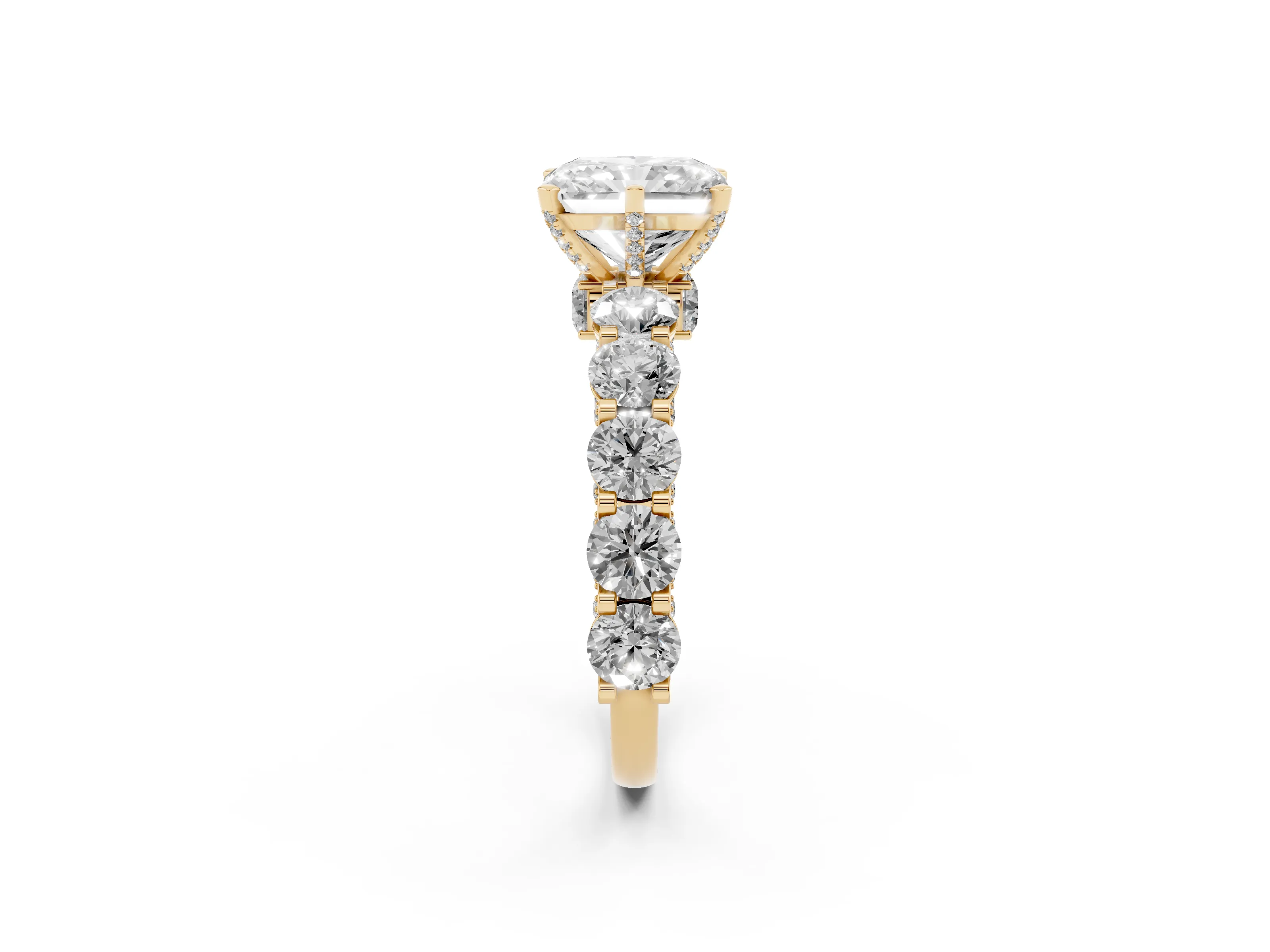 Radiant Cut Diamond Side Stone Ring Set in Yellow gold with Alternating Round and Oval Side Stones