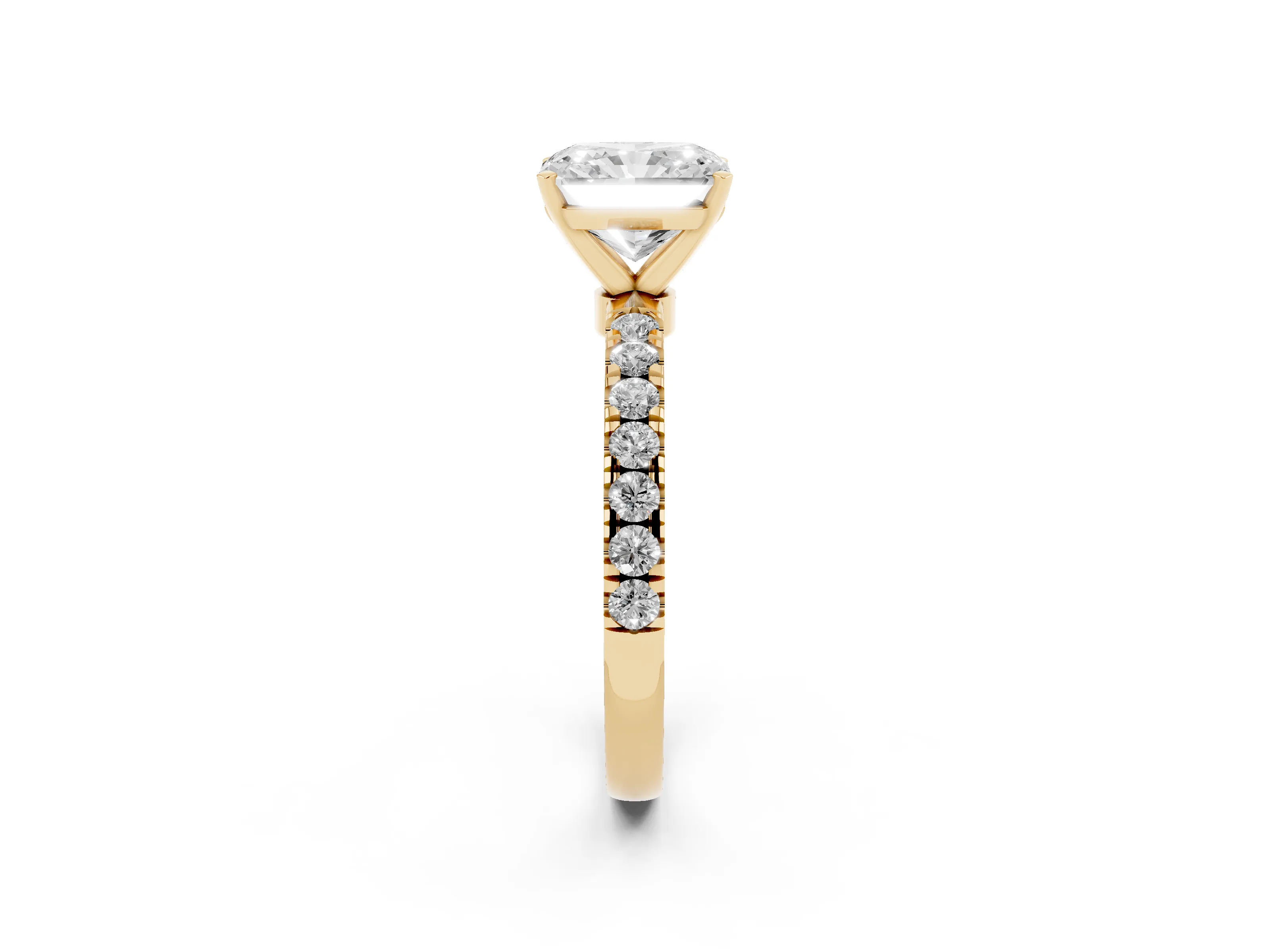 Radiant Cut Diamond Solitaire Ring Set in Yellow gold with Pavé Accents and Prong Setting