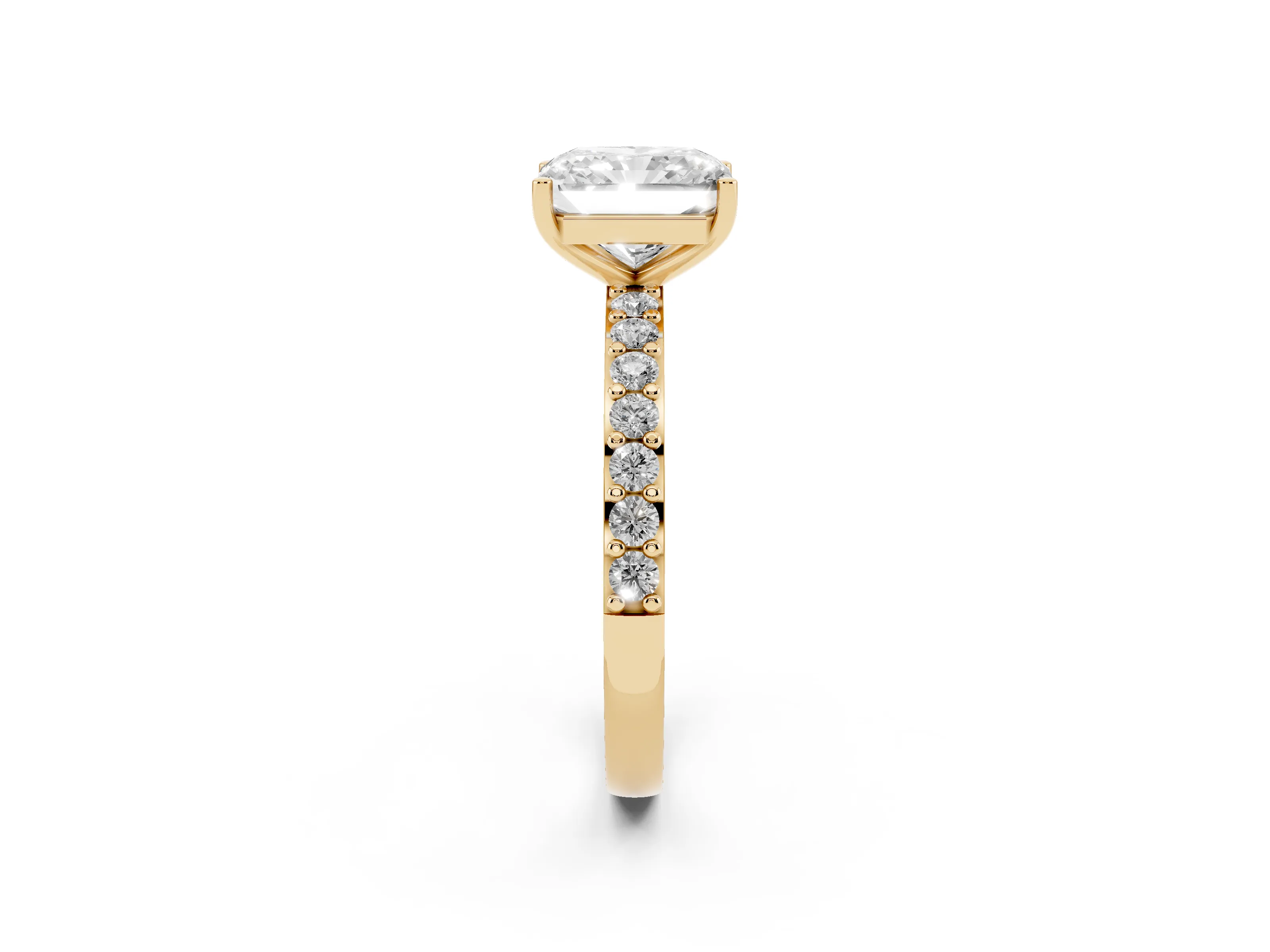 Radiant Cut Diamond Solitaire Set in Yellow gold with Round Pavé Band and Prong Setting