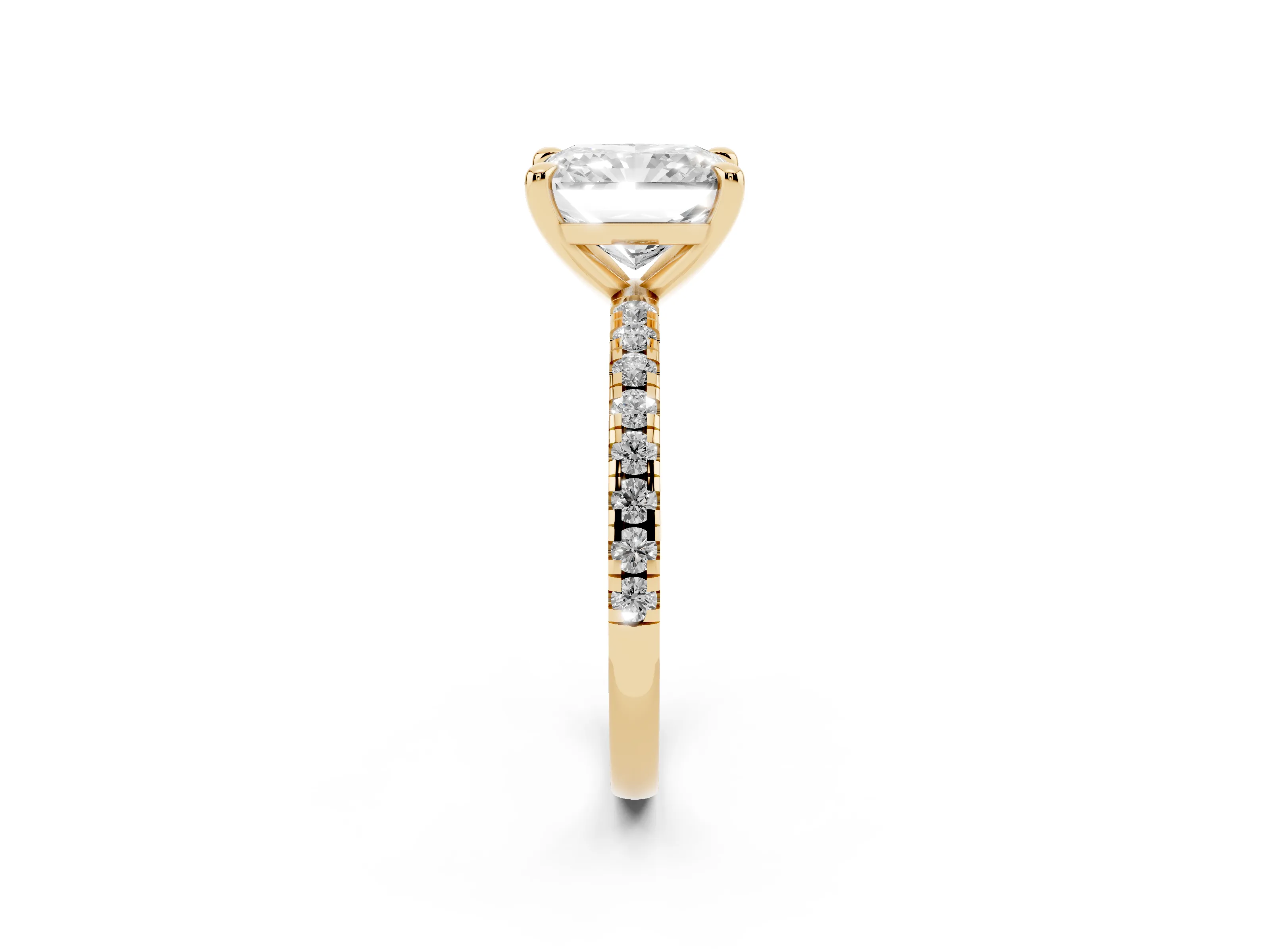 Radiant Cut Diamond Brilliant Solitaire Ring Set in Yellow gold with Pavé Band and Prong Setting