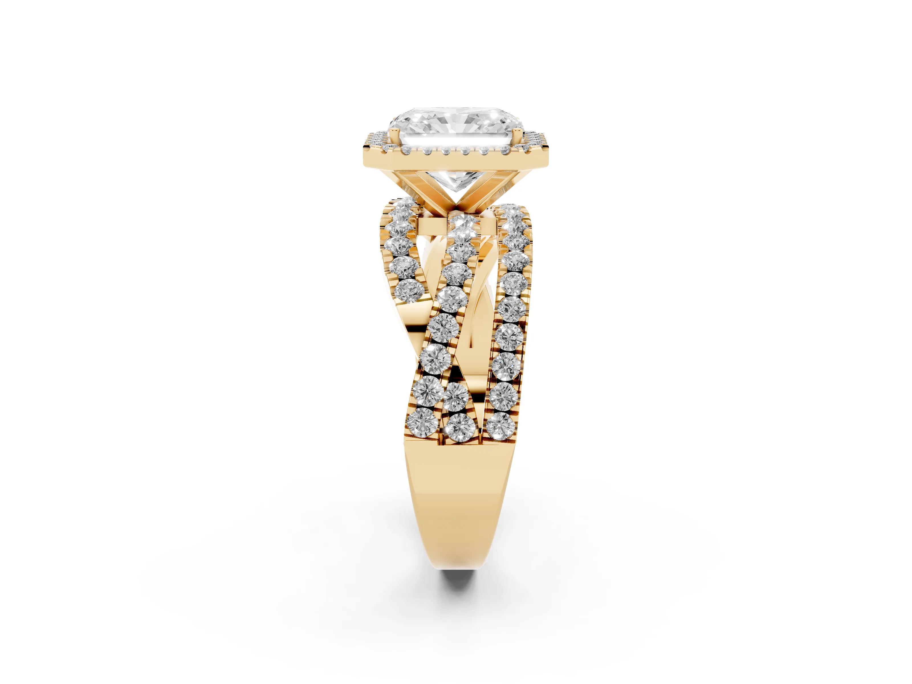 Radiant Cut Diamond Halo Ring Set in Yellow gold with Round Crossover Split Shank and Prong Setting