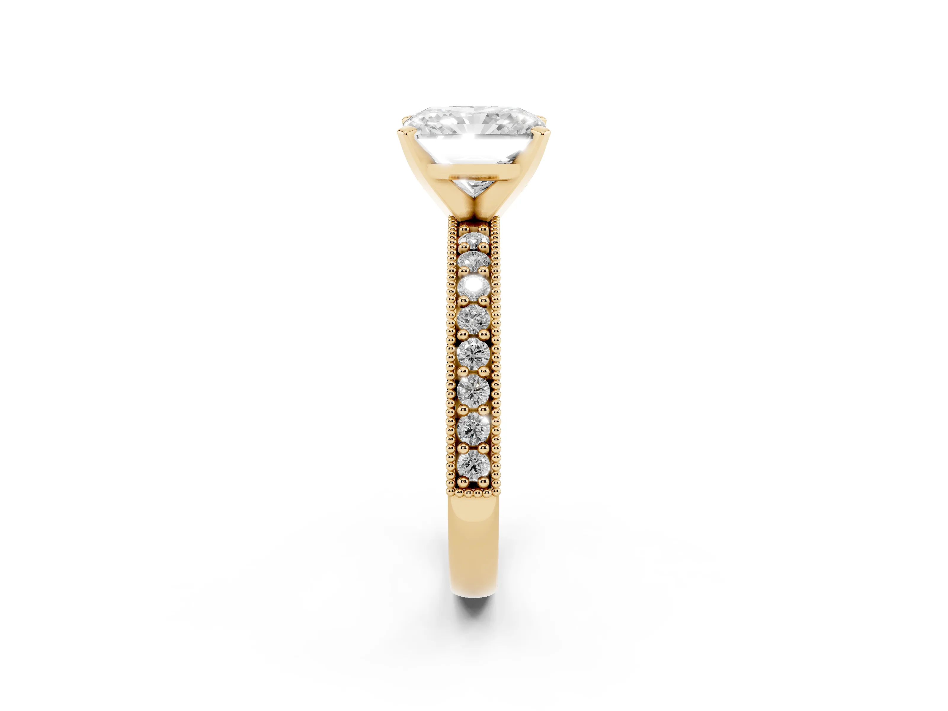 Radiant Cut Diamond Milgrain Pavé Engagement Ring Set in Yellow gold with Prong Setting