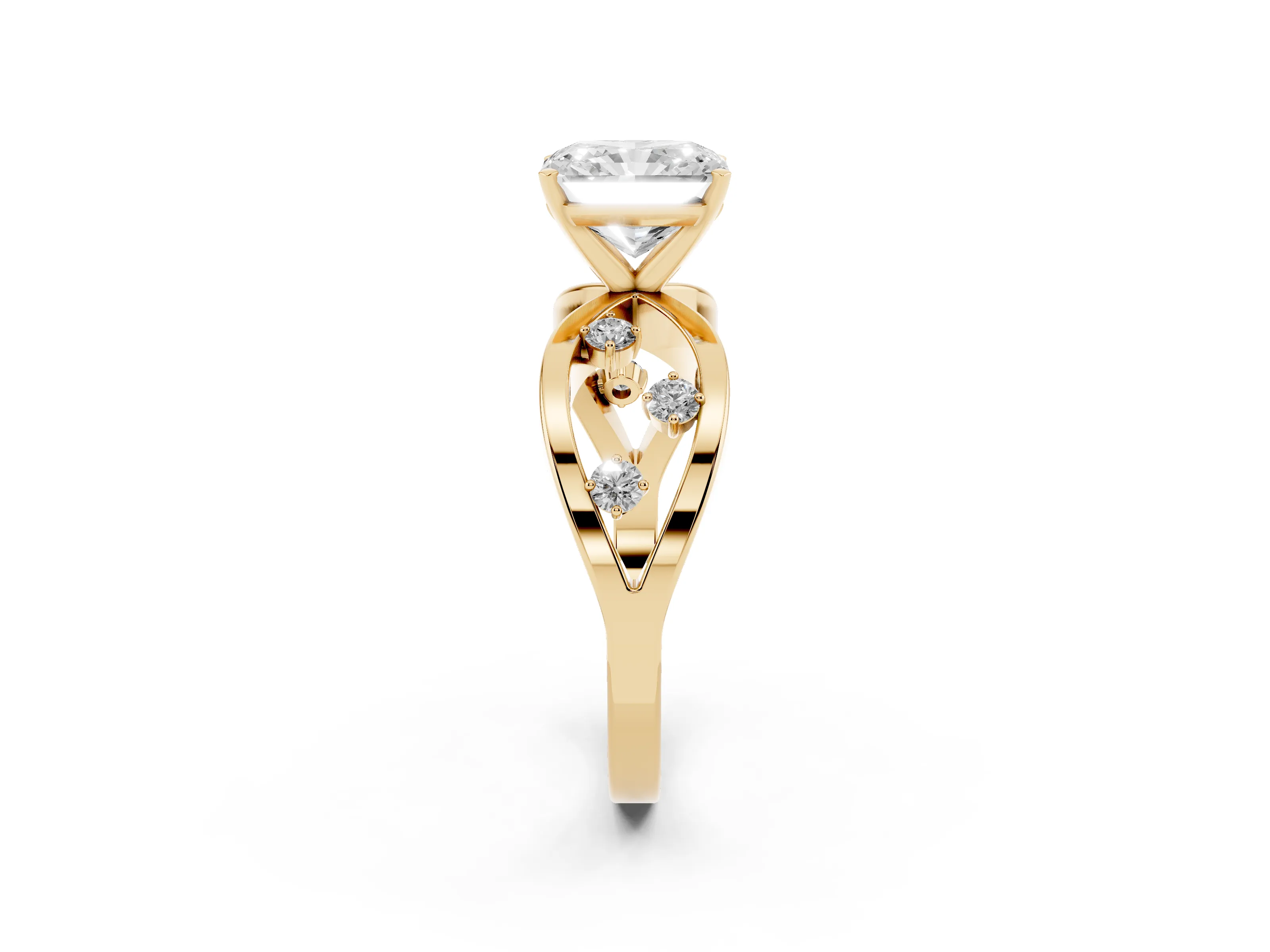 Radiant Cut Diamond Solitaire Ring Set in Yellow gold with Side Stones on Criss-Cross Band and Prong Setting