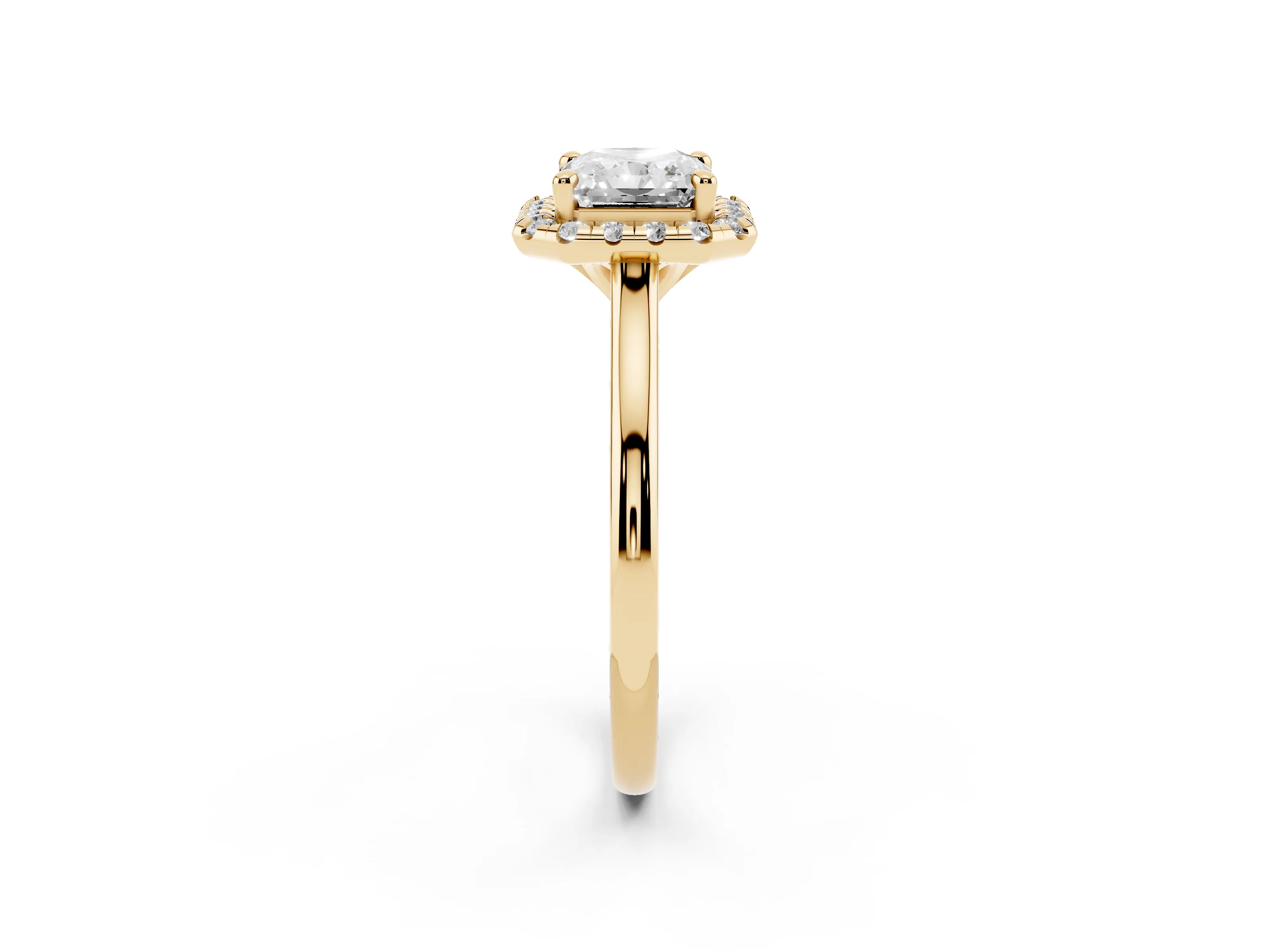 Radiant Cut Diamond Halo Engagement Ring Set in Yellow gold with Pavé Band and Rising Shoulders