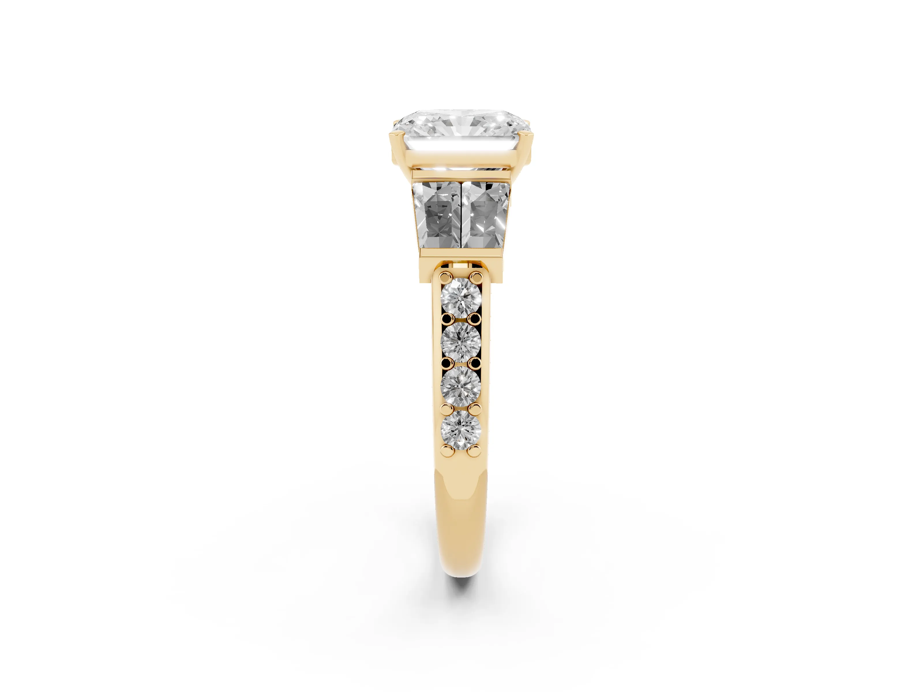 Radiant Cut Diamond Engagement Ring Set in Yellow gold with Baguette Side Stones and Channel Set Band