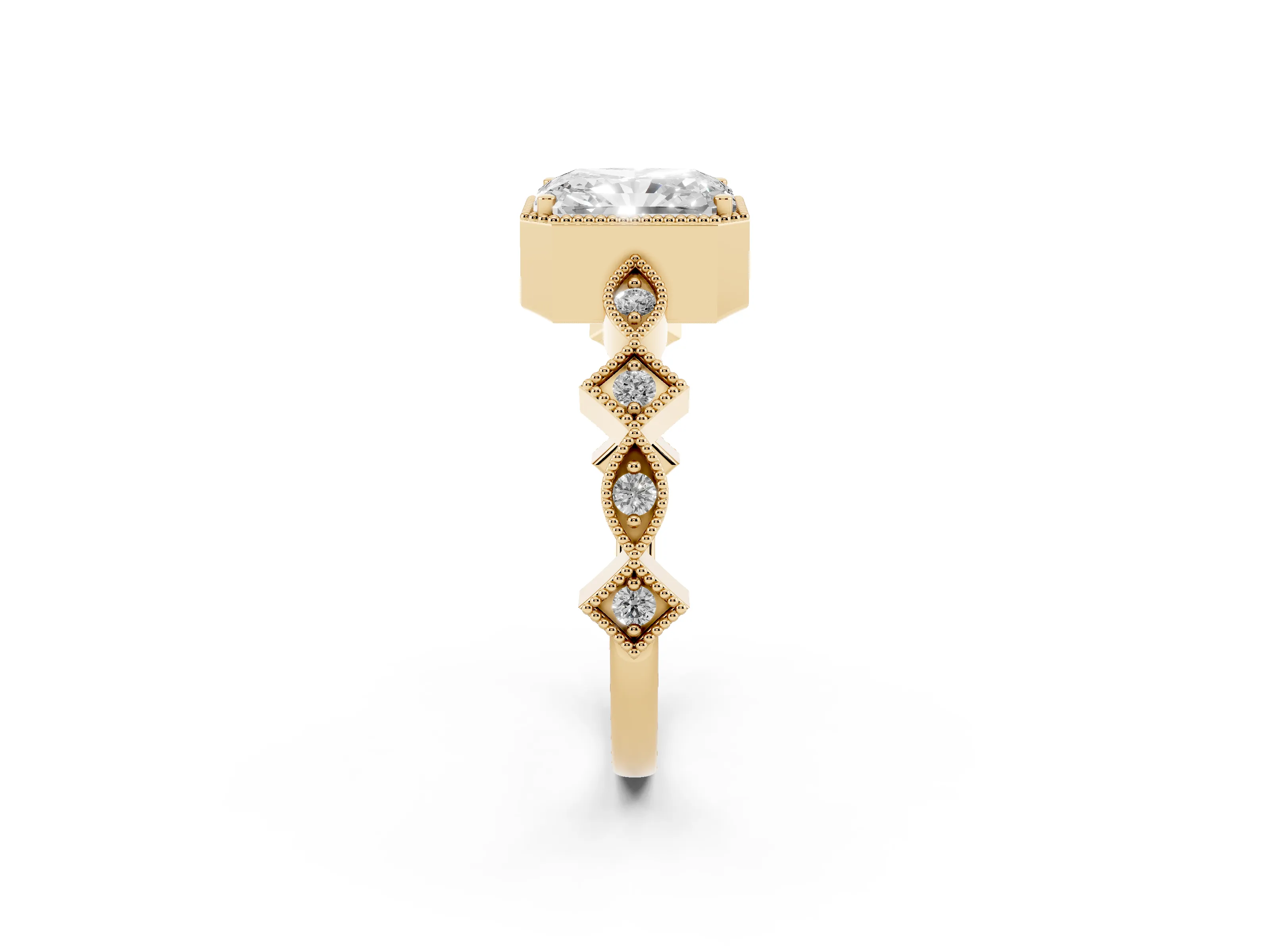 Radiant Cut Diamond Milgrain Marquise Twist Band Ring Set in Yellow gold with Prong Setting