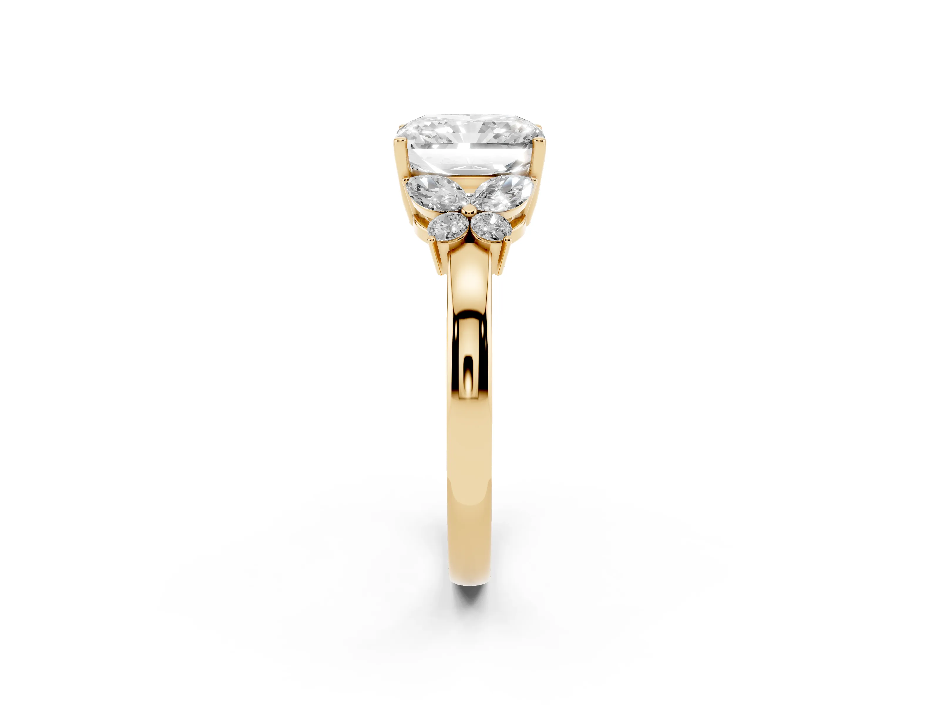 Radiant Cut Diamond Solitaire Floral Ring Set in Yellow gold with Marquise Petals and Prong Setting