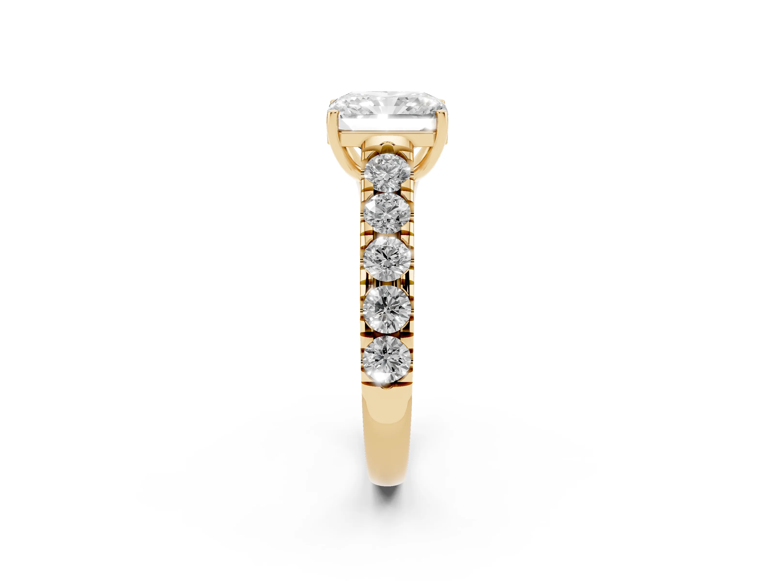 Radiant Cut Diamond Solitaire Ring Set in Yellow gold with Cut-Down Micro Pavé Band and Prong Setting