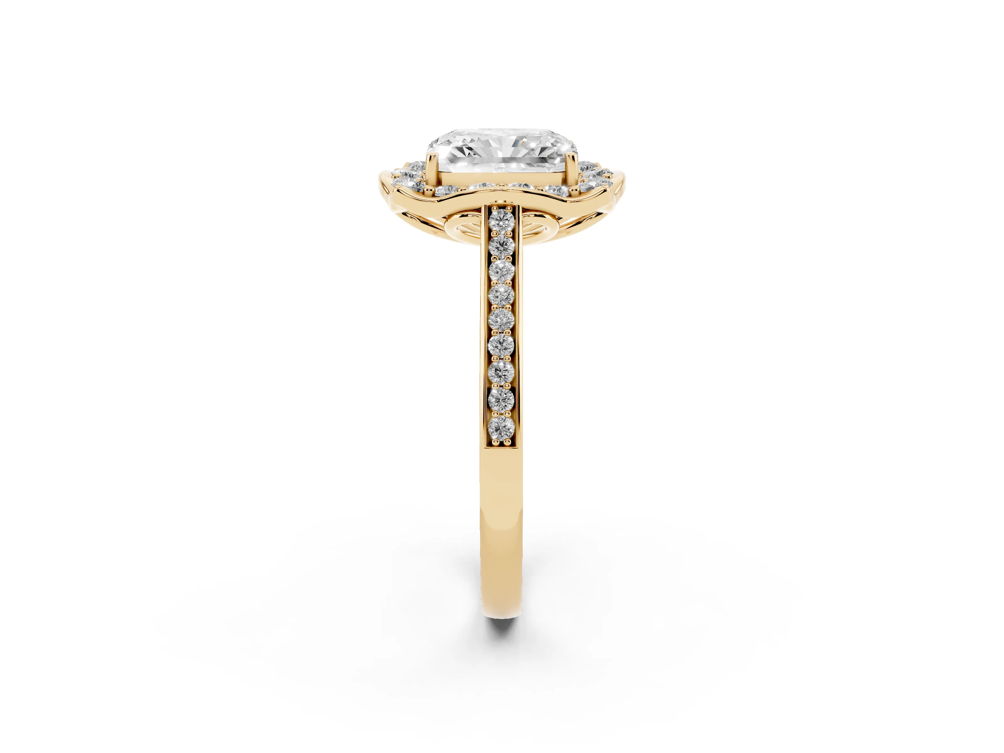 Radiant Cut Diamond Halo Ring Set in Yellow gold with Pavé-Lined Shoulders and Prong Setting