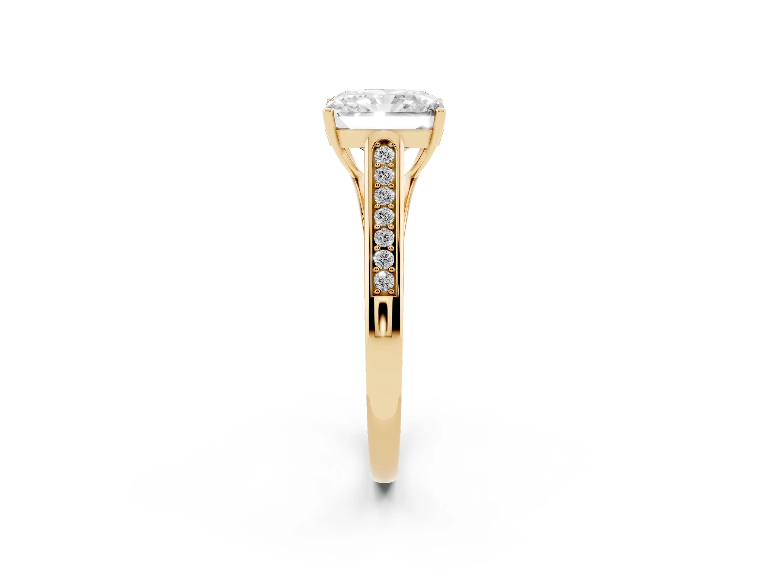 Radiant Cut Diamond Solitaire Cathedral Engagement Ring Set in Yellow gold with Channel-Set Band and Prong Setting