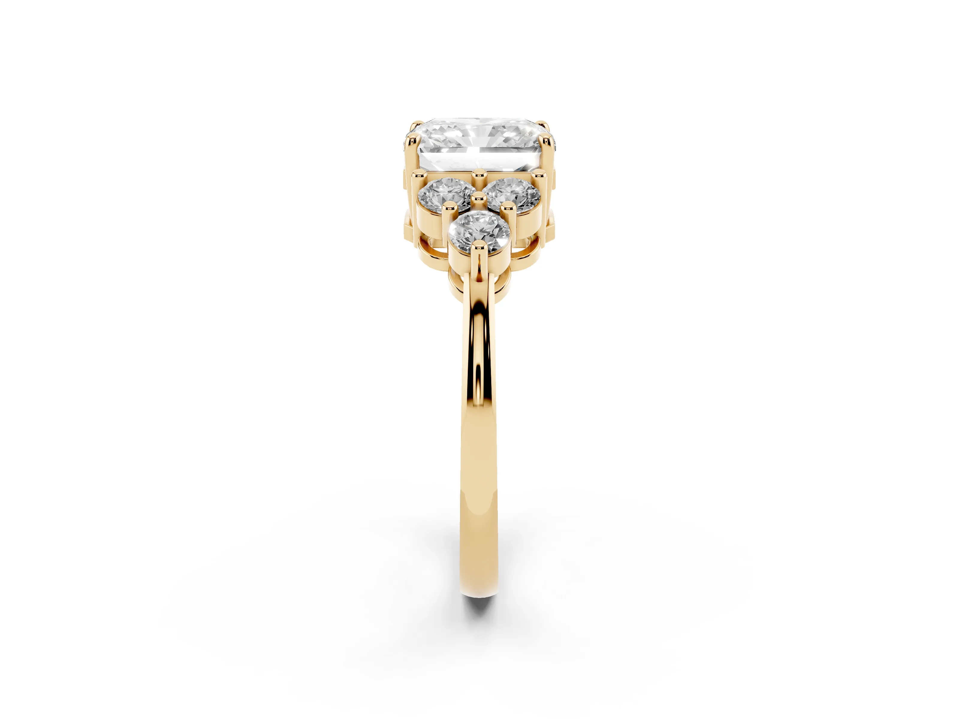 Radiant Cut Diamond Solitaire Ring Set in Yellow gold with Cluster Accents on Each Side