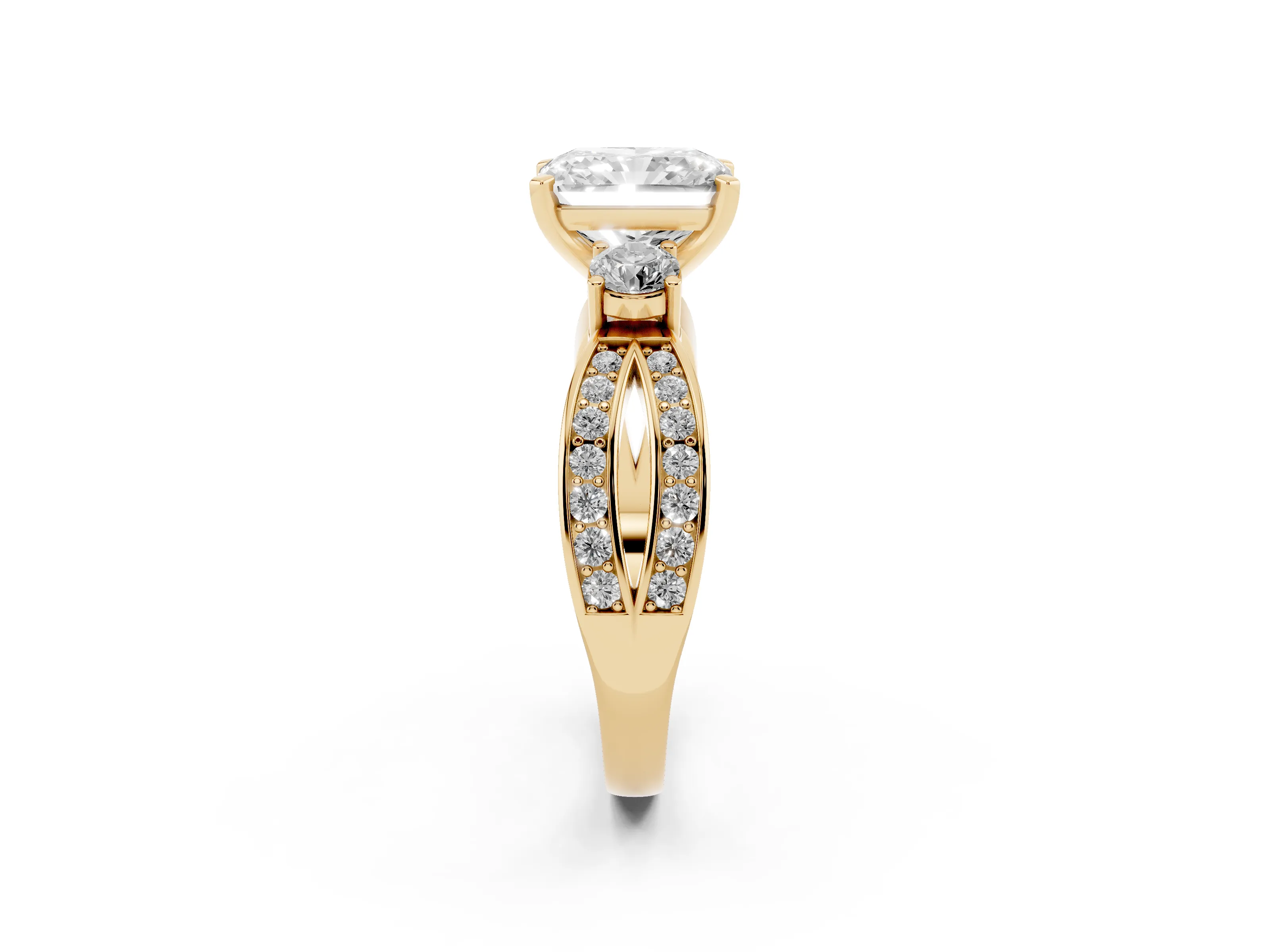 Three-Stone Radiant Cut Diamond Twist Band Ring Set in Yellow gold with Pavé Accents and Prong Setting