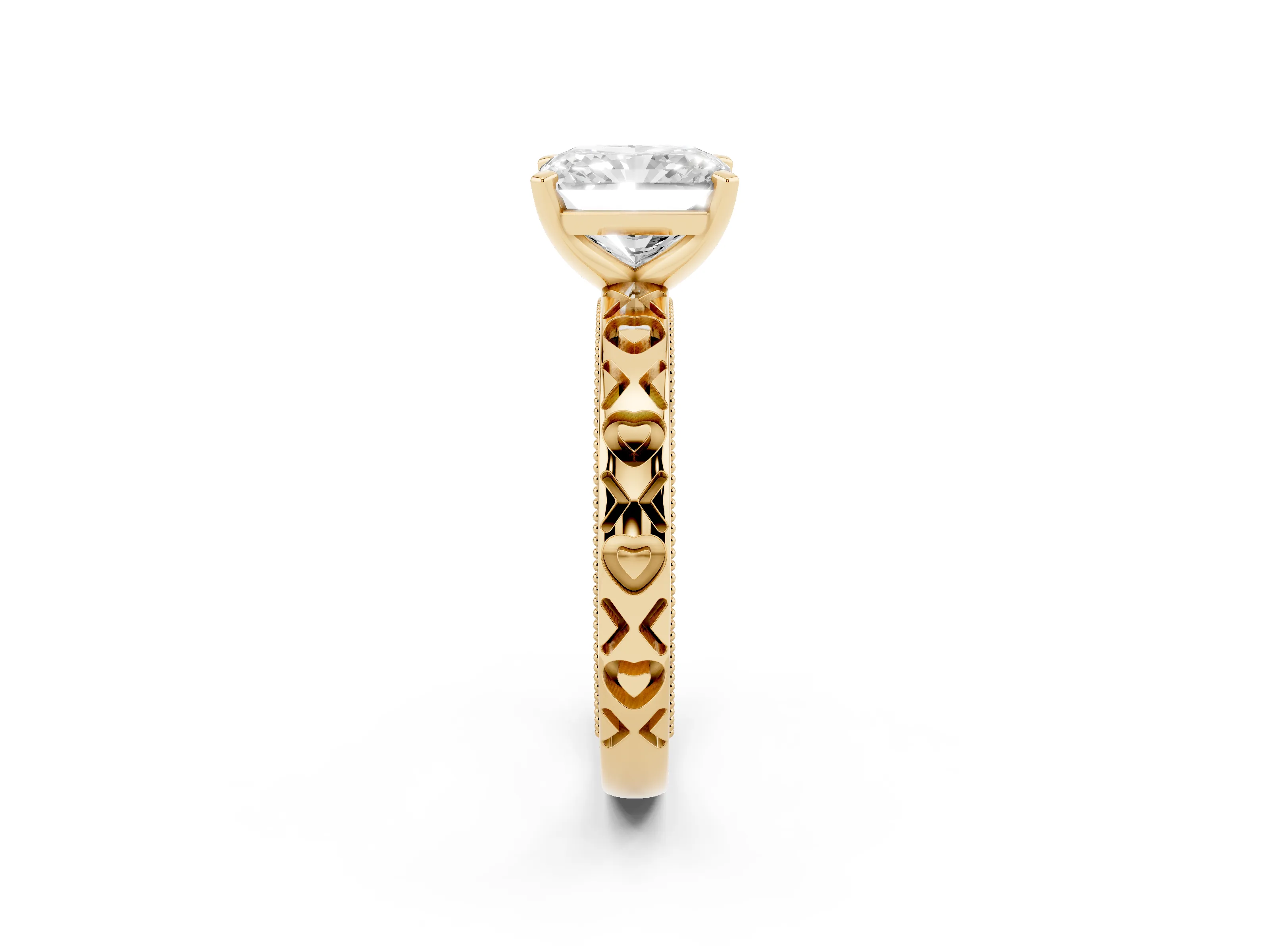Radiant Cut Diamond Solitaire Engagement Ring Set in Yellow gold with XO Engraved Band and Prong Setting