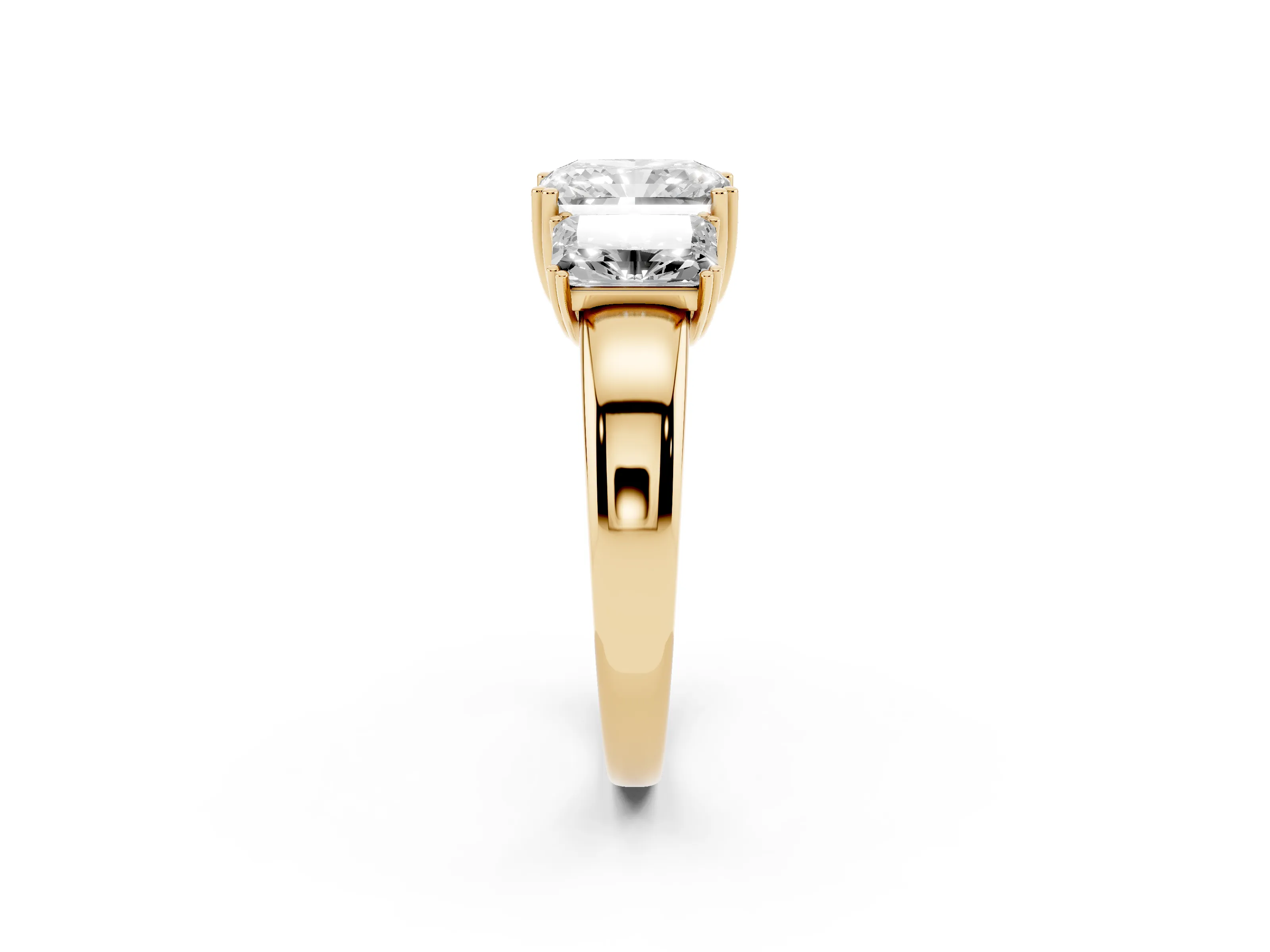 Radiant Cut Diamond Three-Stone Ring Set in Yellow gold with Polished Channel-Set Band