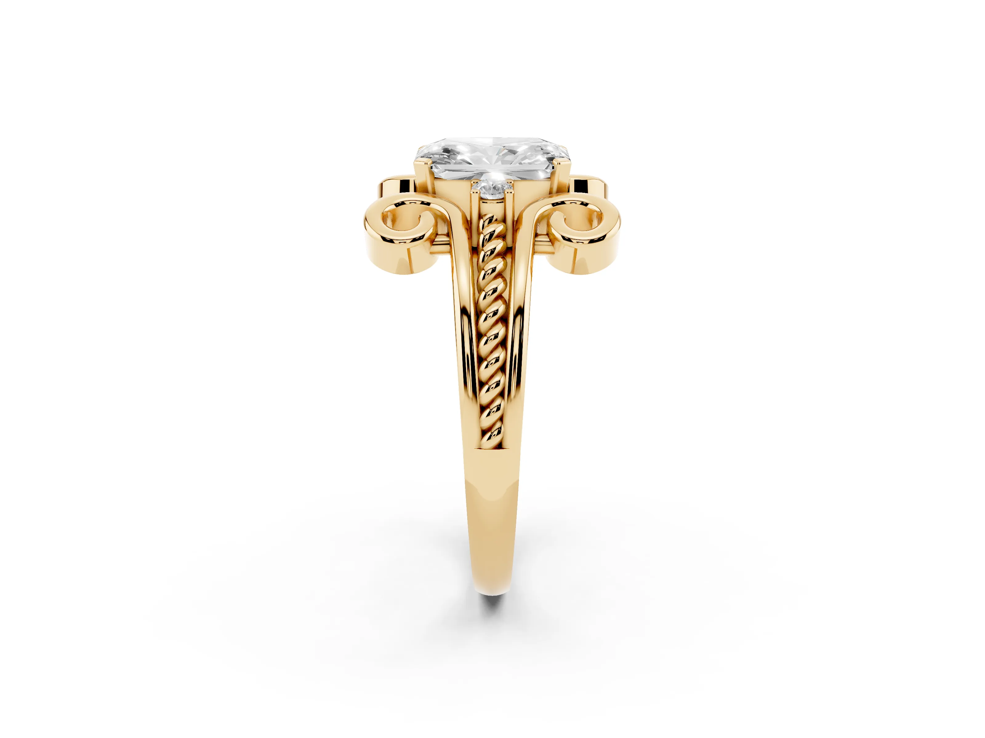Radiant Cut Diamond Twisted Band Solitaire Ring Set in Yellow gold with Scroll Prongs