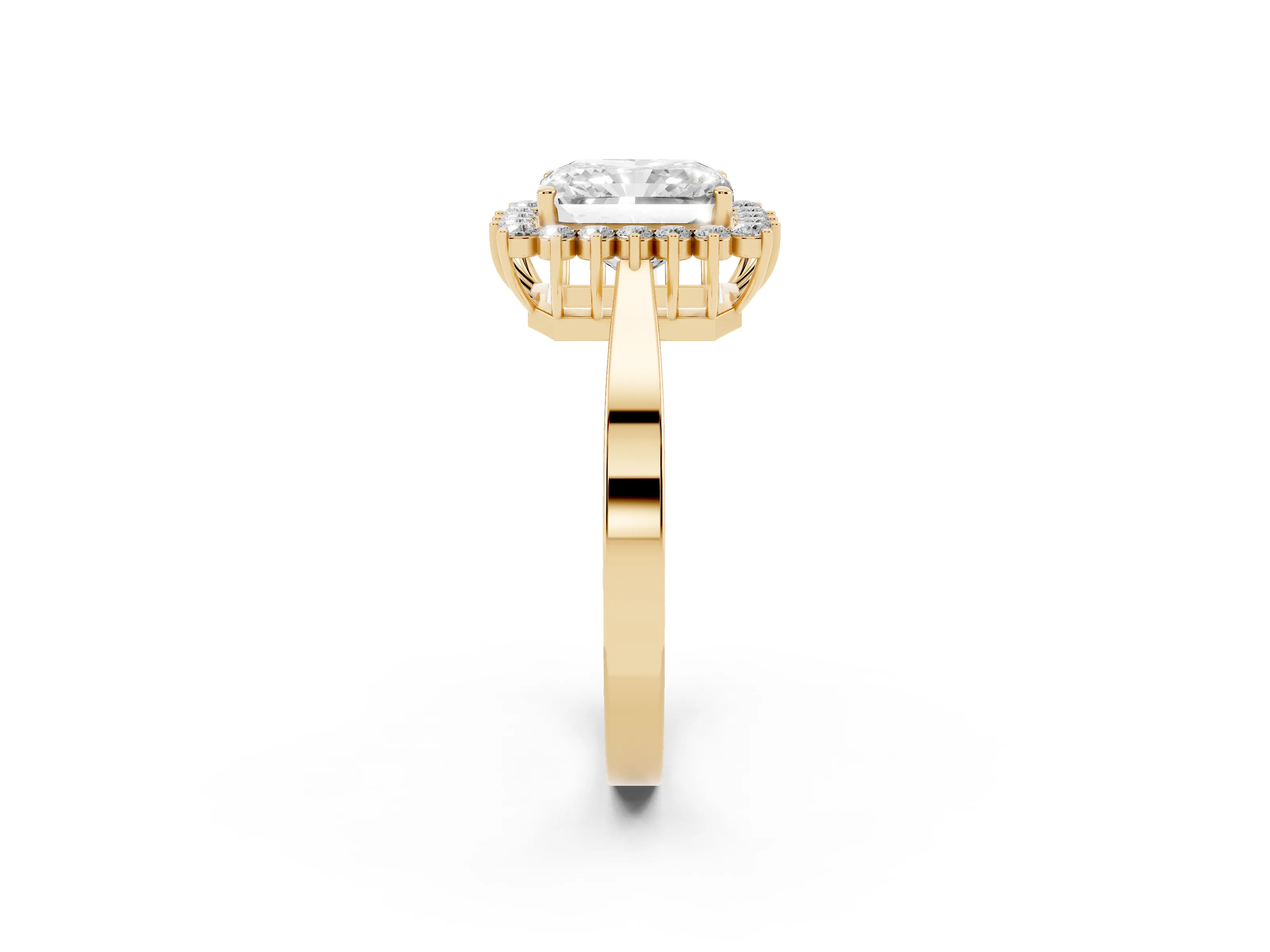 Radiant Cut Diamond Halo Ring Set in Yellow gold with Round Halo and Smooth Solitaire Band