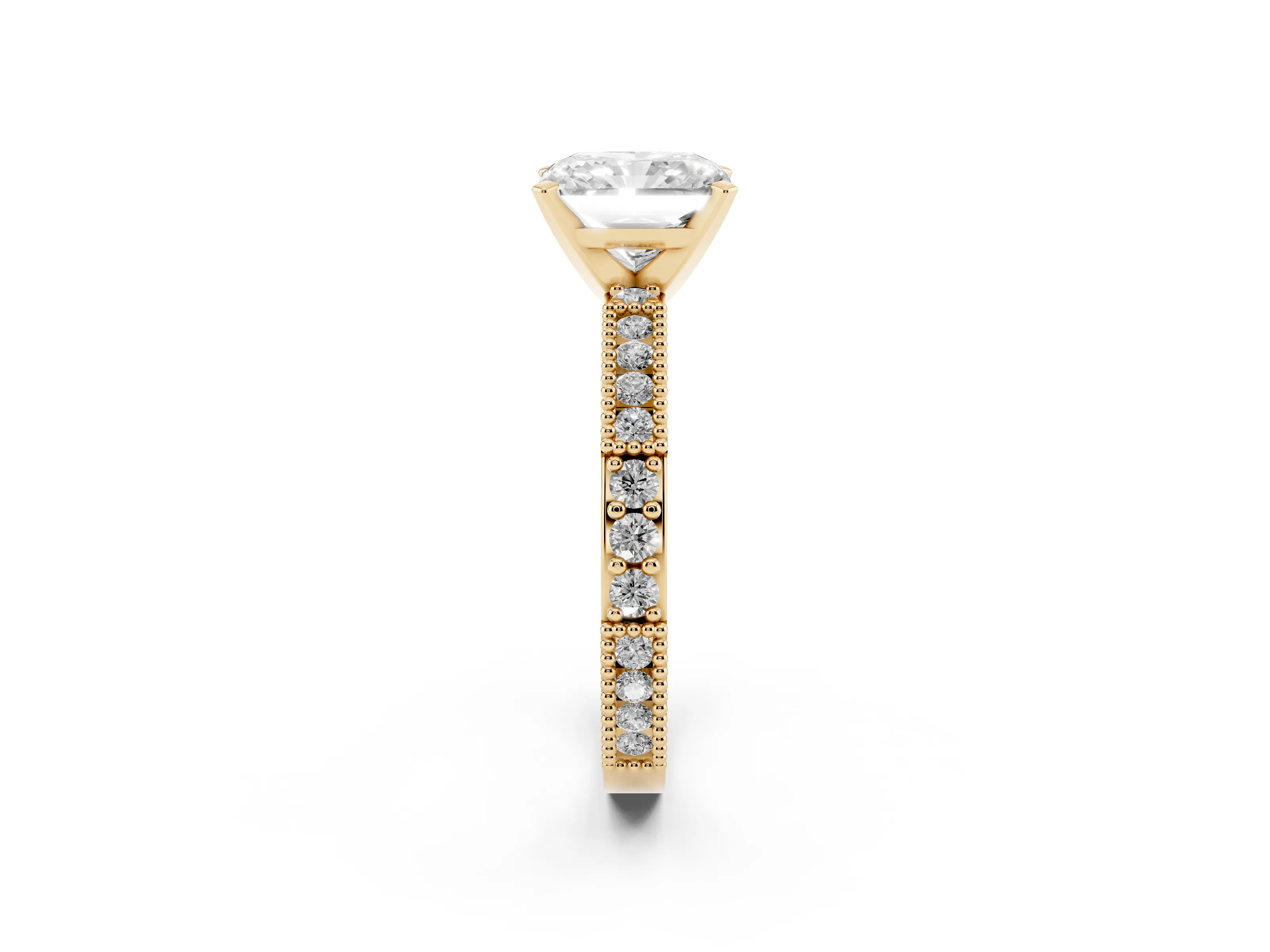 Radiant Cut Diamond Solitaire Ring Set in Yellow gold with Slim Pavé Band and Prong Setting
