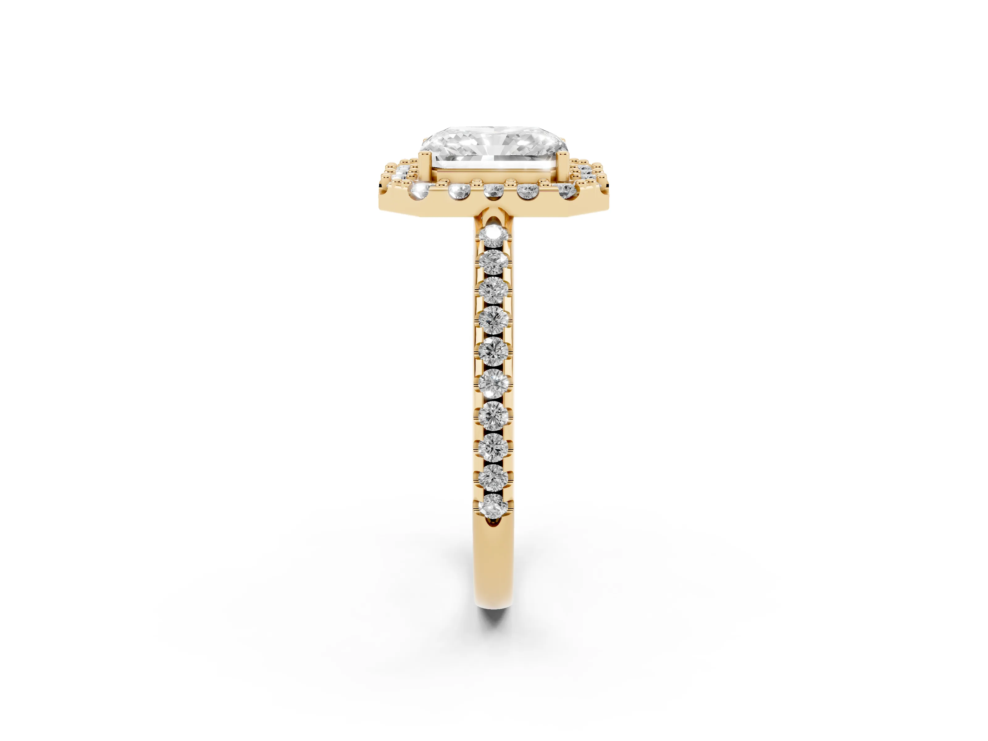 Radiant Cut Diamond Pavé Halo Ring Set in Yellow gold with Prong Setting