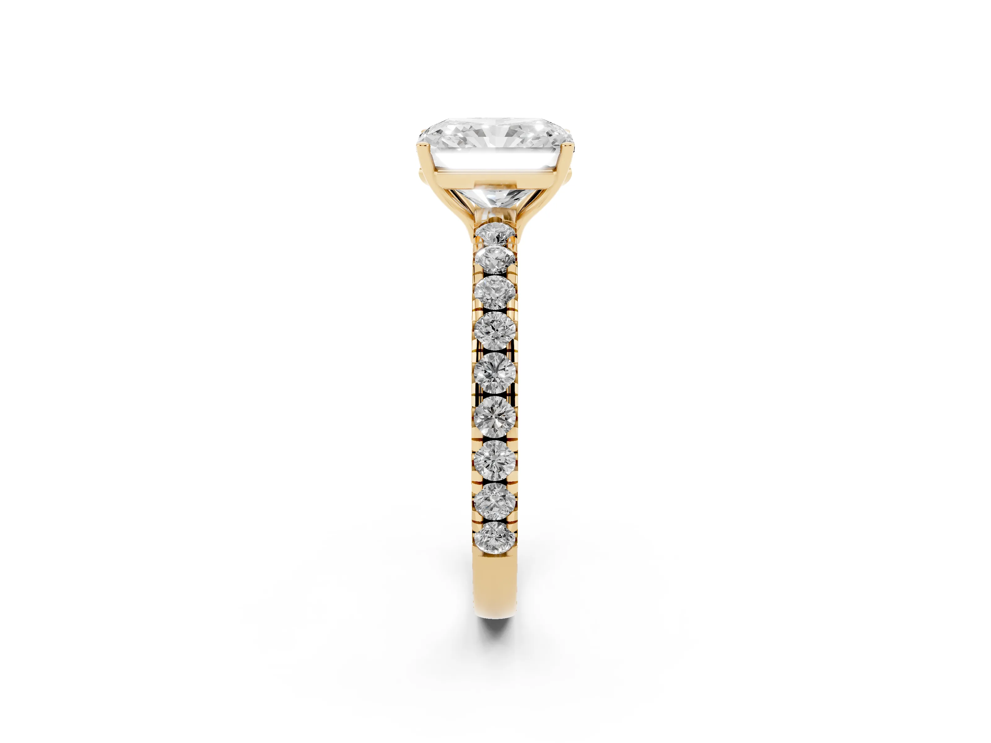 Radiant Cut Diamond Pavé Solitaire Engagement Ring Set in Yellow gold with Prong Setting