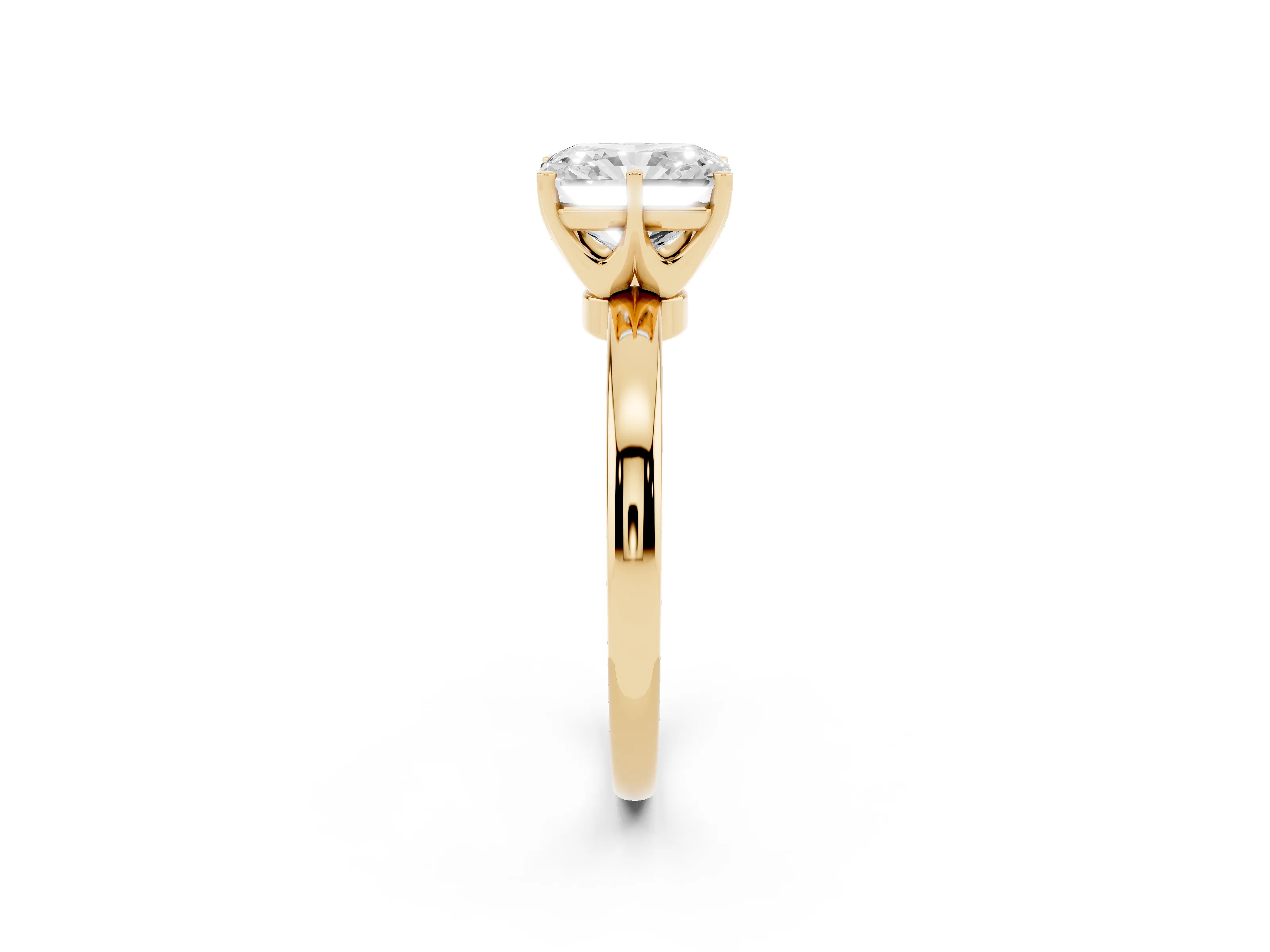 Radiant Cut Diamond Solitaire Ring Set in Yellow gold with Raised Prong Setting on a Classic Band