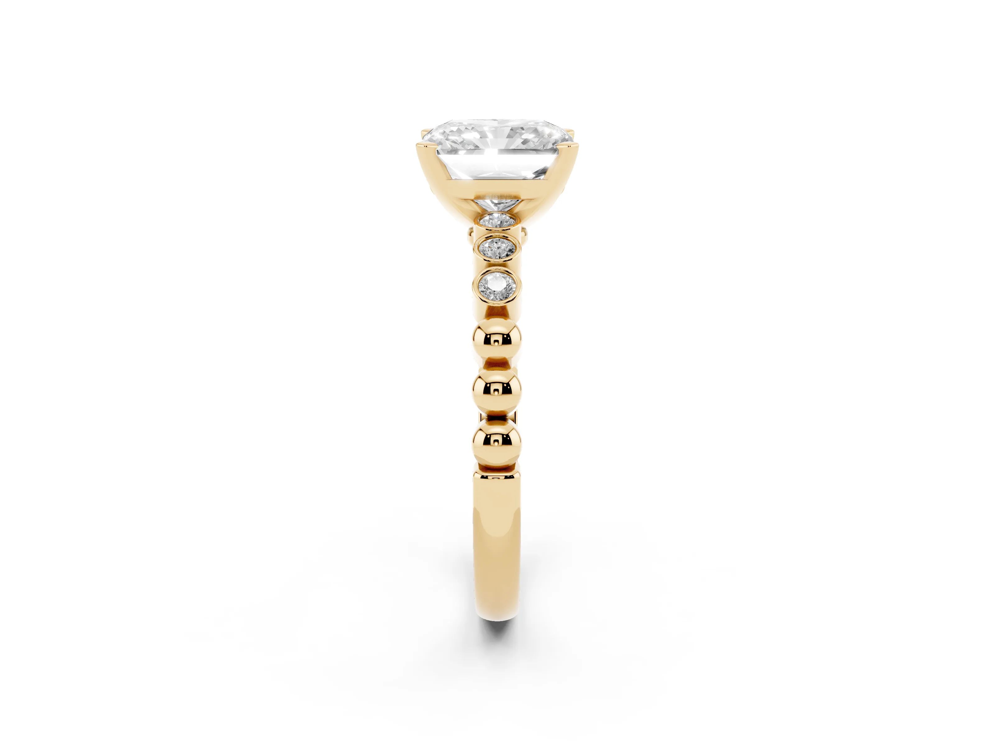 Radiant Cut Diamond Solitaire Engagement Ring Set in Yellow gold with Bezel Accents on Beaded Band