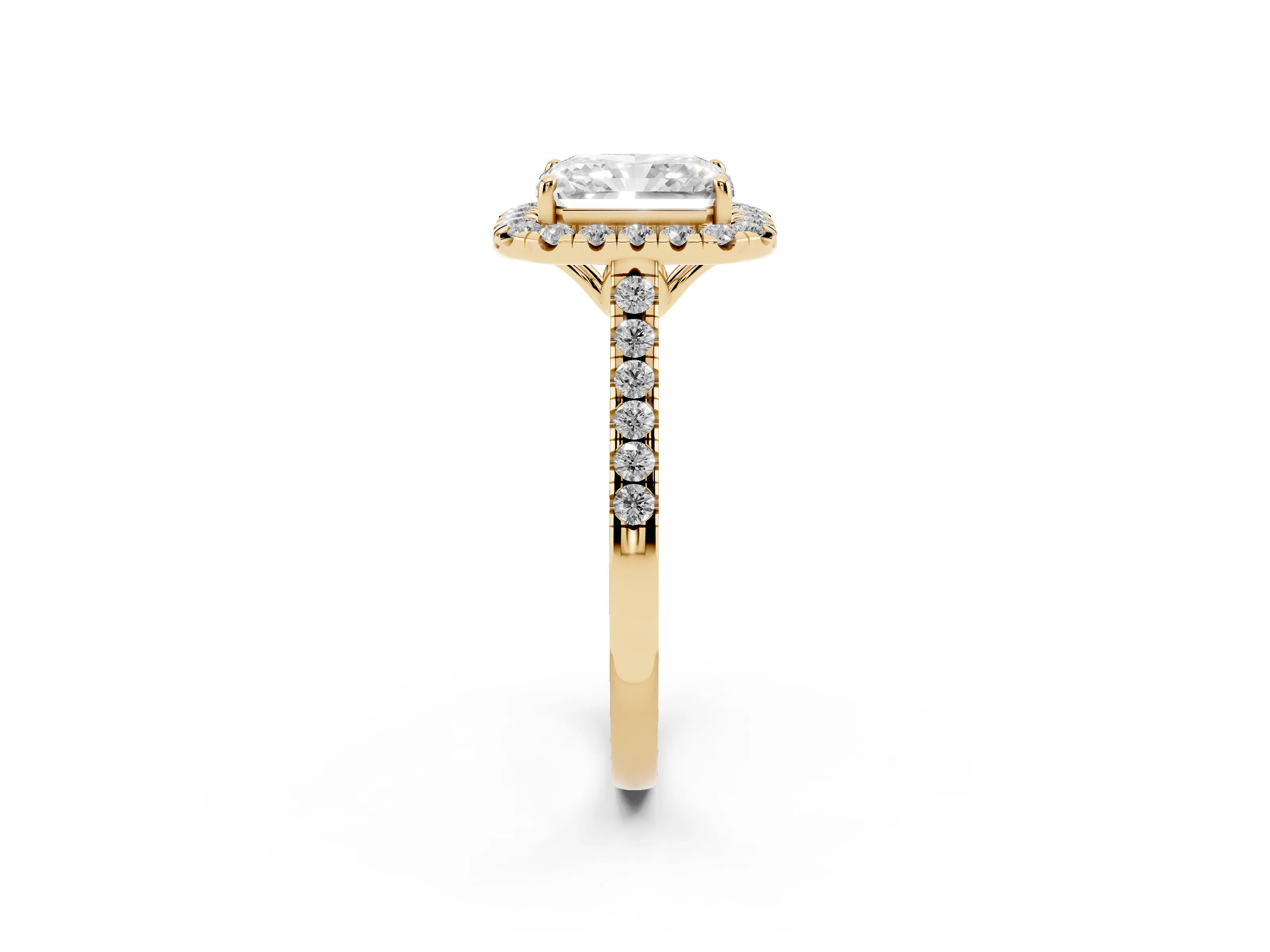 Radiant Cut Diamond Pavé Halo Engagement Ring Set in Yellow gold with Pavé Band and Prong Setting